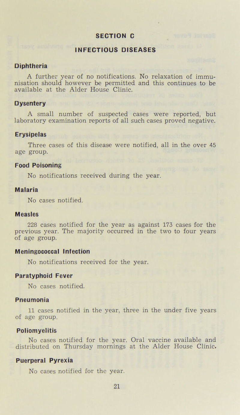 INFECTIOUS DISEASES Diphtheria A further year of no notifications. No relaxation of immu- nisation should however be permitted and this continues to be available at the Alder House Clinic. Dysentery A small number of suspected cases were reported, but laboratory examination reports of all such cases proved negative. Erysipelas Three cases of this disease were notified, all in the over 45 age group. Food Poisoning No notifications received during the year. Malaria No cases notified. Measles 228 cases notified for the year as against 173 cases for the previous year. The majority occurred in the two to four years of age group. Meningococcal Infection No notifications received for the year. Paratyphoid Fever No cases notified. Pneumonia 11 cases notified in the year, three in the under five years of age group. Poliomyelitis No cases notified for the year. Oral vaccine available and distributed on Thursday mornings at the Alder House Clinic. Puerperal Pyrexia No cases notified for the year.