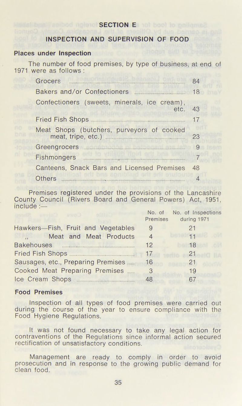 INSPECTION AND SUPERVISION OF FOOD Places under Inspection The number of food premises, by type of business, at end of 1971 were as follows : Grocers 84 Bakers and/or Confectioners 18 Confectioners (sweets, minerals, ice cream), etc. 43 Fried Fish Shops 17 Meat Shops (butchers, purveyors of cooked meat, tripe, etc.) 23 Greengrocers 9 Fishmongers „ 7 Canteens, Snack Bars and Licensed Premises 48 Others 4 Premises registered under the provisions of the Lancashire County Council (Rivers Board and General Powers) Act, 1951, include :— Hawkers—Pish, Fruit and Vegetables ,, Meat and Meat Products Bakehouses Fried Fish Shops Sausages, etc., Preparing Premises Cooked Meat Preparing Premises Ice Cream Shops No. of No. of Inspections Premises during 1971 9 21 4 11 12 18 17 21 16 21 3 19 48 67 Food Premises Inspection of all types of food premises were carried out during the course of the year to ensure compliance with the Food Hygiene Regulations. It was not found necessary to take any legal action for contraventions of the Regulations since informal action secured rectification of unsatisfactory conditions. Management are ready to comply in order to avoid prosecution and in response to the growing public demand for clean food.
