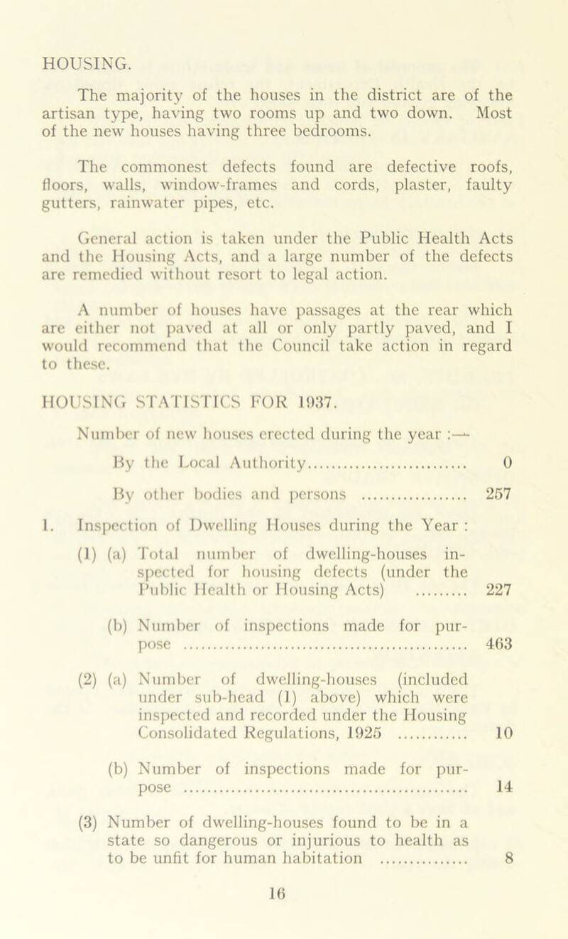 HOUSING. The majority of the houses in the district are of the artisan type, having two rooms up and two down. Most of the new houses having three bedrooms. The commonest defects found are defective roofs, floors, walls, window-frames and cords, plaster, faulty gutters, rainwater pipes, etc. General action is taken under the Public Health Acts and the Housing Acts, and a large number of the defects are remedied without resort to legal action. A number of houses have passages at the rear which are either not paved at all or only partly paved, and I would recommend that the Council take action in regard to these. HOUSING STATISTICS FOR 1937. Number of new houses erected during the year By the Local Authority 0 By other bodies and persons 257 1. Inspection of Dwelling Houses during the Year : (1) (a) Total number of dwelling-houses in- spected for housing defects (under the Public Health or Housing Acts) 227 (b) Number of inspections made for pur- pose 463 (2) (a) Number of dwelling-houses (included under sub-head (I) above) which were inspected and recorded under the Housing Consolidated Regulations, 1925 10 (b) Number of inspections made for pur- pose 14 (3) Number of dwelling-houses found to be in a state so dangerous or injurious to health as to be unfit for human habitation 8