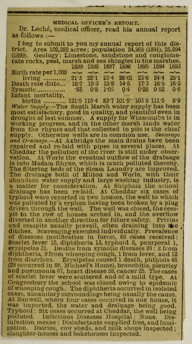KEDICAl, officer’s REPORT. Dr. Leche, medical officer, read his annual report as follows :— I beg to submit to you my annual report of this dis- I trict. Area 102,282 acres; population 24,965 (1891), 25,894 j (1899). Geology; Limestone, sandstone and conglonie- I rate rocks, peat, marsh and sea shingles in tlio marshes. 1899 1898 1897 1896 1895 1894 1893 Birth rate per 1,000 living 21-3 22-1 23 4 26 01 23 6 24 4 25'1 Death rate ditto... 16-7 15-3 15-8 14-6 17-3 16-5 16-3 Zymotic -95 0 8 1-03 0 4 0-28 0 52 0 6 Infant mortality, births 121-5 115-4 83-7 101-5 103 8 lll S 8 9 tVater .Supply.—The South Marsh water supi'ly has been most satisfactory, good in quality, and plentiful even in drought of last summer. A supply for Winscomhe is in working progress, and in the other marsh lands watcr from the rhyucs and that collected in pits is the chief supply. Otherwise wells are in common use. Unveraye and Drainage.—A.t Axbridge the main drains have been repaired and re-laid with pipes in several places. At Cheddar the pollution of the river is still under obser- vation. At Worlc the eventual outflow of the drainage ! is into Madam Rhyne, which is much polluted thereby. } The filtering beds of the Steam Laundry are improved. I The drainage both of Milton and Worle, with their abundant water supply and large w.-ishing industry, is a. matter for consideration. At Shipham the school drainage has been re-laid. At Cheddar six cases of typhoid were reported in two houses, the well to which was polluted by a syphon having been broken by a plug driven through tlie wall. The well was closed, the cess- pit to the row of houses arched in, and the overflow diverted in another direction for future safety. Privie.s and cesspits usually prevail, often draining into t*ie j ditches. Scavenging executed individually. Prevalence of diseases (notification in force), 68 cases received: Scarlet fever 15, diplitheria 13, typhoid 8, peurperal 1, erysipelas 31. Deaths from xymotic diseases 24: 2 from diphtheria, 9 from whooping cough, Ifrora fever, and 12 from diarrhoea. Erysipelas caused 1 death, phthisis 48 (29 occurred in St. Michael’s Home), bronchitis, pleurisy and pueuraonia 67, heart disease 58, cancer 25, The cases of scarlet fever were scattered and of a mild type. At Cougresbury the school was closed owing to epidemic of waoopiug cough. The diphtheria occurred in isolated cases, unsanitary surroundings being usually the cause. At Banwell, where four cases occurred in one house, it was imported, the water and drainage being good. Typhoid: Six oases occurred at Cheddar, the well being polluted. Infectious Diseases Hospital: None. Dis- infection means : Disinfectants supplied free, and fumi- gation. Dairies, cow sheds, and milk shops inspected; slaughter-houses and bakehouses inspected.