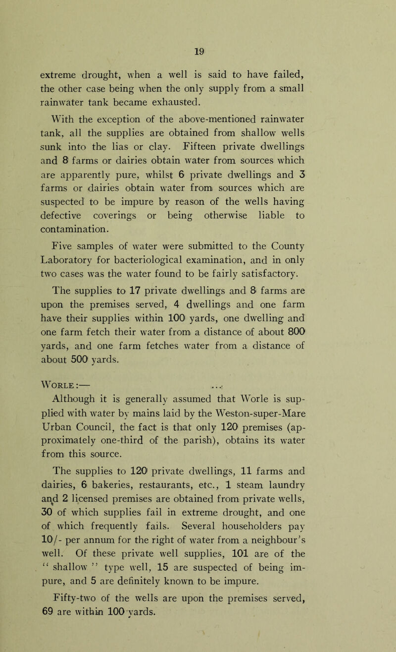 extreme drought, when a well is said to have failed, the other case being when the only supply from a small rainwater tank became exhausted. With the exception of the above-mentioned rainwater tank, all the supplies are obtained from shallow wells sunk into the lias or clay. Fifteen private dwellings and 8 farms or dairies obtain water from sources which are apparently pure, whilst 6 private dwellings and 3 farms or dairies obtain water from sources which are suspected to be impure by reason of the wells having defective coverings or being otherwise liable to contamination. Five samples of water were submitted to the County Laboratory for bacteriological examination, and in only two cases was the water found to be fairly satisfactory. The supplies to 17 private dwellings and 8 farms are upon the premises served, 4 dwellings and one farm have their supplies within 100' yards, one dwelling and one farm fetch their water fromi a distance of about 800 yards, and one farm fetches water from a distance of about 500 yards. Worle:— ;...! Although it is generally assumed that Worle is sup- plied with water by mains laid by the Weston-super-Mare Urban Council, the fact is that only 120 premises (ap- proximately one-third of the parish), obtains its water from this source. The supplies to 120' private dwellings, 11 farms and dairies, G bakeries, restaurants, etc., 1 steam laundry and 2 licensed premises are obtained from private wells, 30 of which supplies fail in extreme drought, and one of which frequently fails. Several householders pay 10'/- per annum for the right of water from a neighbour’s well. Of these private well supplies, 101 are of the shallow ” type well, 15 are suspected of being im- pure, and 5 are definitely known to be impure. Fifty-two of the wells are upon the premises served, 69 are withki 100 yards.