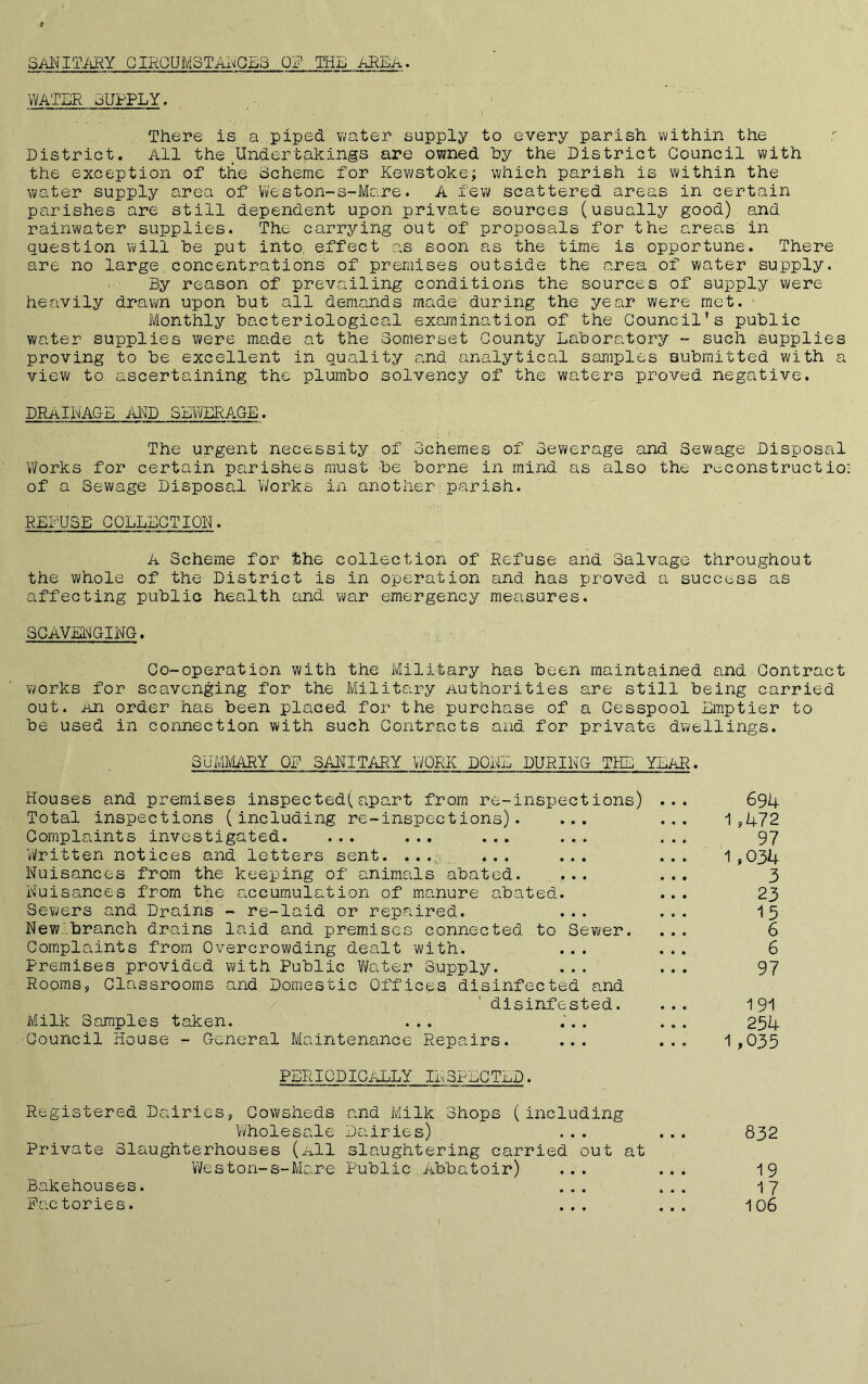 SANITARY CIRCUMSTANCES OF THE AREA. WATER 3UPPLY. There is a. piped water supply to every parish within the : District. All the Undertakings are owned hy the District Council with the exception of the Scheme for Kewstoke; which parish is within the water supply area of Weston-s-Mare. A few scattered areas in certain parishes are still dependent upon private sources (usually good) and rainwater supplies. The carrying out of proposals for the areas' in question will he put into, effect as soon as the time is opportune. There are no large.concentrations of premises outside the area of water supply. By reason of prevailing conditions the sources of supply were heavily drawn upon but all demands made during the year were met. Monthly bacteriological examination of the Council’s public water supplies were made at the Somerset County Laboratory - such supplies proving to be excellent in quality and analytical samples submitted with a view to ascertaining the plumbo solvency of the waters proved negative. DRAINAGE AND SEWERAGE. The urgent necessity of Schemes of Sewerage and Sewage Disposal Works for certain parishes must be borne in mind as also the reconstructio: of a Sewage Disposal Works in another parish. REFUSE COLLECTION. A Scheme for fche collection of Refuse and Salvage throughout the whole of the District is in operation and has proved a success as affecting public health and war emergency measures. SCAVENGING. Co-operation with the Military has been maintained and Contract works for scavenging for the Military Authorities are still being carried out. An order has been placed for the purchase of a Cesspool Emptier to be used in connection with such Contracts and for private dwellings. SUMMARY OR SANITARY WORK DONE DURING THE YEAR. Houses and premises inspected(apart from re-inspections) ... 694 Total inspections (including re-inspections). ... ... 1,472 Complaints investigated. ... ... ... ... ... 97 Written notices and letters sent. ... ... ... ... 1,034 Nuisances from the keeping of animals abated. ... ... 3 Nuisances from the accumulation of manure abated. 23 Sewers and Drains - re-laid or repaired. ... ... 15 New.branch drains laid and premises connected to Sewer. ... 6 Complaints from Overcrowding dealt with. ... ... 6 Premises provided with Public Water Supply. ... ... 97 Rooms, Classrooms and Domestic Offices disinfected and disinfested. ... 191 Milk Samples taken. ... ... ... 254 Council House - General Maintenance Repairs. ... ... 1,035 PERIODICALLY INSPECTED. Registered Dairies, Cowsheds and Milk Shops (including Wholesale Dairies) ... ... 832 Private Slaughterhouses (a11 slaughtering carried out at Weston-s-Mare Public .Ahbatoir) ... ... 19 Bakehouses. ... ... 17 Factories. ... ... 106