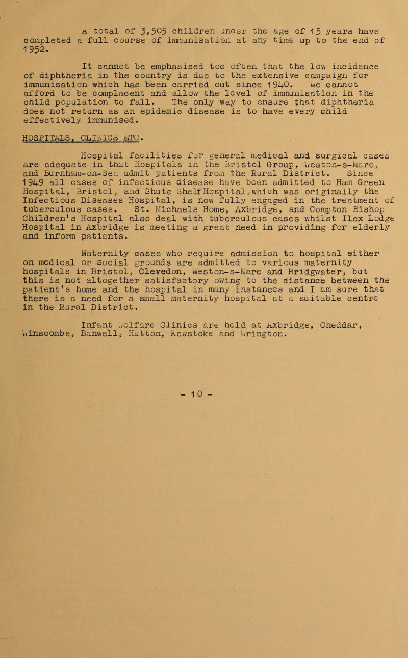 a total of 3,505 children under the age of 15 years have completed a full course of immunisation at any time up to the end of 1952. It cannot be emphasised too often that the low incidence of diphtheria in the country is due to the extensive campaign for immunisation which has been carried out since 1940* We cannot afford to be complacent and allow the level of immunisation in the child population to fall. The only way to ensure that diphtheria does not return as an epidemic disease is to have every child effectively immunised. HOSPITALS. CLIHIC6 ETC. Hospital facilities for general medical and surgical cases are adequate in that Hospitals in the Bristol Group, Weston-s-Mare, and Burnham-on-Sea admit patients from the Rural District. Since 1949 all cases of infectious disease have been admitted to Ham Green Hospital, Bristol, and Shute Shelf Hospital,which was originally the Infectious Diseases Hospital, is now fully engaged in the treatment of tuberculous cases. St. Michaels Home, Axbridge, and Compton Bishop Children’s Hospital also deal with tuberculous cases whilst Ilex Lodge Hospital in Axbridge is meeting a great need in providing for elderly and inform patients. Maternity cases who require admission to hospital either on medical or social grounds are admitted to various maternity hospitals in Bristol, Clevedon, Weston-s-Mare and Bridgwater, but this is not altogether satisfactory owing to the distance between the patient's home and the hospital in many instances and I am sure that there is a need for a small maternity hospital at a suitable centre in the Rural District. Infant welfare Clinics are held at Axbridge, Cheddar, Winscombe, Banwell, Hutton, Kewstoke and Wrington.