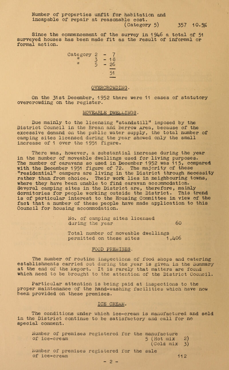 Number of properties unfit for habitation and incapable of repair at reasonable cost. (Category 5) 357 J\Q.% Since the commencement of the survey in 1 946 a total of 51 surveyed houses has been made fit as the result of informal or formal action. Category 2-7  3-18  5-26 51 OVERCROWDING. On the 3^st December, 1952 there were 11 cases of statutory overcrowding on the register. MOVEABLE DWELLINGS. Due mainly to the licensing standstill imposed by the District Council in the Brean and Berrow Area, because of the excessive demand on the public water supply, the total number of camping sites licensed during the year showed only the small increase of 1 over the 1951 figure. There was, however, a substantial increase during the year in the number of moveable dwellings used for living purposes. The number of caravans so used in December 1 952 was 11 5> compared with.the December 1951 figure of 72. The majority of these residential campers are living in the District through necessity rather than from choice. Their work lies in neighbouring towns, where they have been unable to find caravan accommodation. Several camping sites in the District are, therefore, mainly dormitories for people working outside the District. This trend is of particular interest to the Housing Committee in view of the fact that a number of these people have made application to this Council for housing accommodation. No. of camping sites licensed during the year 60 Total number of moveable dwellings permitted on these sites 1,406 FOOD PREMISES. The number of routine inspections of food shops and catering establishments carried out during the year is given in the Summary at the end of the Report. It is rarely that matters are found which need to be brought to the attention of the District Council. Particular attention is being paid at inspections to the proper maintenance of the hand-washing facilities which have now been provided on these premises. ICE CREAM. The conditions under which ice-cream is manufactured and sold in the District continue to be satisfactory and call for no special comment. Number of premises registered for the manufacture of ice-cream 5 (Hot mix 2) (Cold mix 3) Number of premises registered for the sale 2