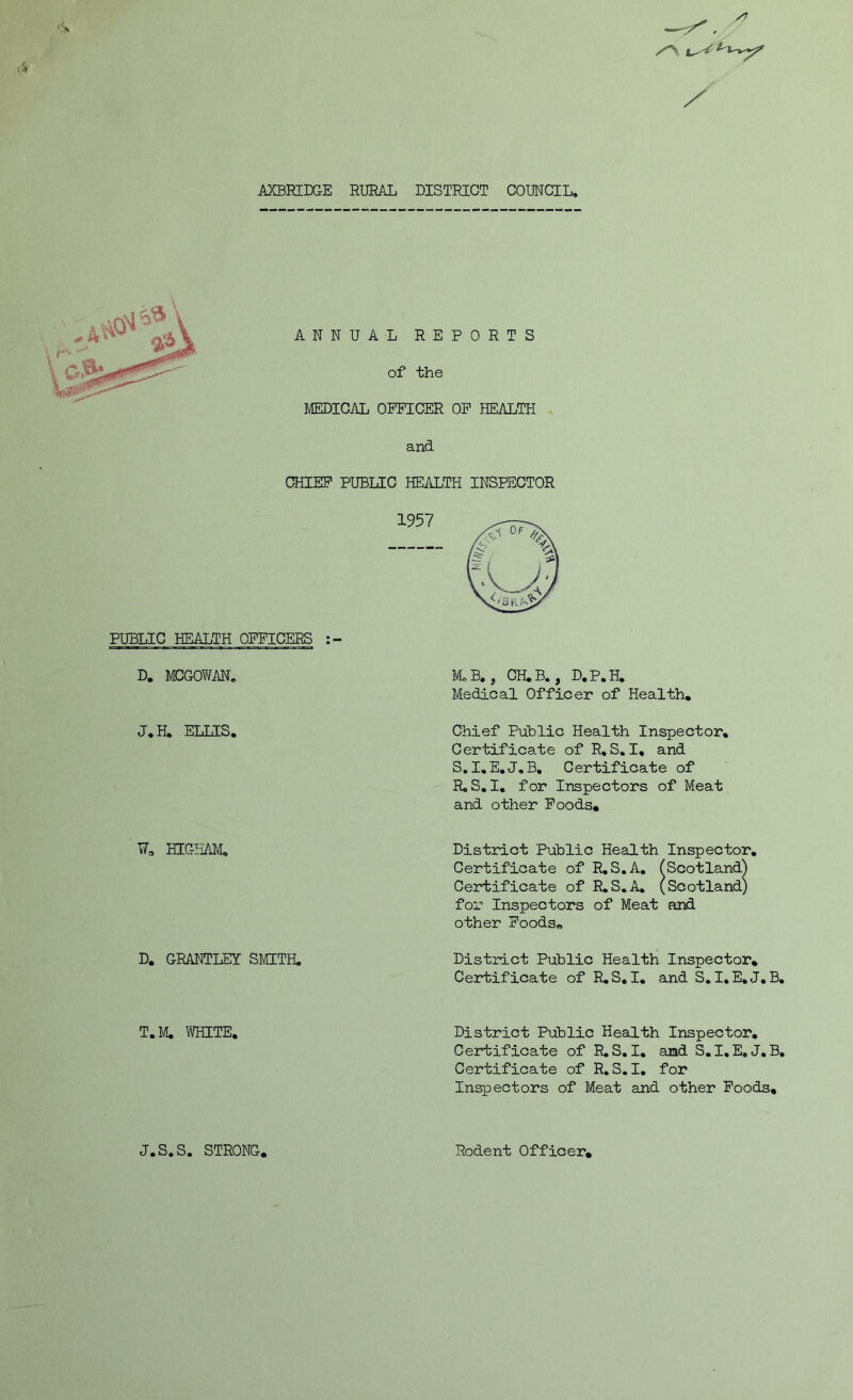 ANNUAL REPORTS of the MEDICAL OFFICER OF HEALTH and CHIEF PUBLIC HEALTH INSPECTOR PUBLIC HEALTH OFFICERS D. MCGOWAN* J. H. ELKES. W, HICHAM. D. GRANTLEY SMITH. M. B. j CH.B., D.P.H. Medical Officer of Health. Chief Public Health Inspector. Certificate of R,S. I, and S. I.E.J.B, Certificate of R.S.I. for Inspectors of Meat and other Foods. District Public Health Inspector. Certificate of R.S.A. (Scotland) Certificate of R.S.A. (Scotland) for Inspectors of Meat and other Foods* District Public Health Inspector. Certificate of R.S. I. and S.I.E.J.B. T.M. WHITE. District Public Health Inspector. Certificate of R.S. I. amd S. I.E.J.B. Certificate of R.S.I. for Inspectors of Meat and other Foods, Rodent Officer, J.S.S. STRONG.