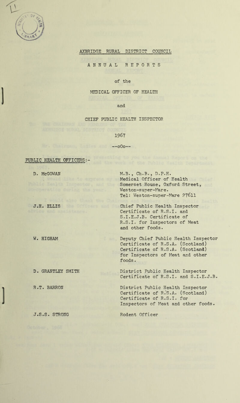 ANNUAL REPORTS of the MEDICAL OFFICER OF HEALTH and CHIEF PUBLIC HEALTH INSPECTOR 1967 —0O0— PUBLIC HEALTH OFFICERS D. McGOWAN J.H. ELLIS W. HIGHAM D. GRANTLEY SMITH M.B., Ch.B., D.P.H. Medical Officer of Health Somerset House, Oxford Street, Weston-super-Mare. Tel: Weston-super-Mare 27611 Chief Public Health Inspector Certificate of R.S.I. and SoI.E.J.B. Certificate of R.S.I. for Inspectors of Meat and other foods. Deputy Chief Public Health Inspector Certificate of R.S.A. (Scotland) Certificate of R.S.A. (Scotland) for Inspectors of Meat and other foods. District Public Health Inspector Certificate of R.S.I. and S.I.E.J.B. R.T. BARRON District Public Health Inspector Certificate of R.S.A. (Scotland) Certificate of R.S.I. for Inspectors of Meat and other foods. J.S.S. STRONG Rodent Officer