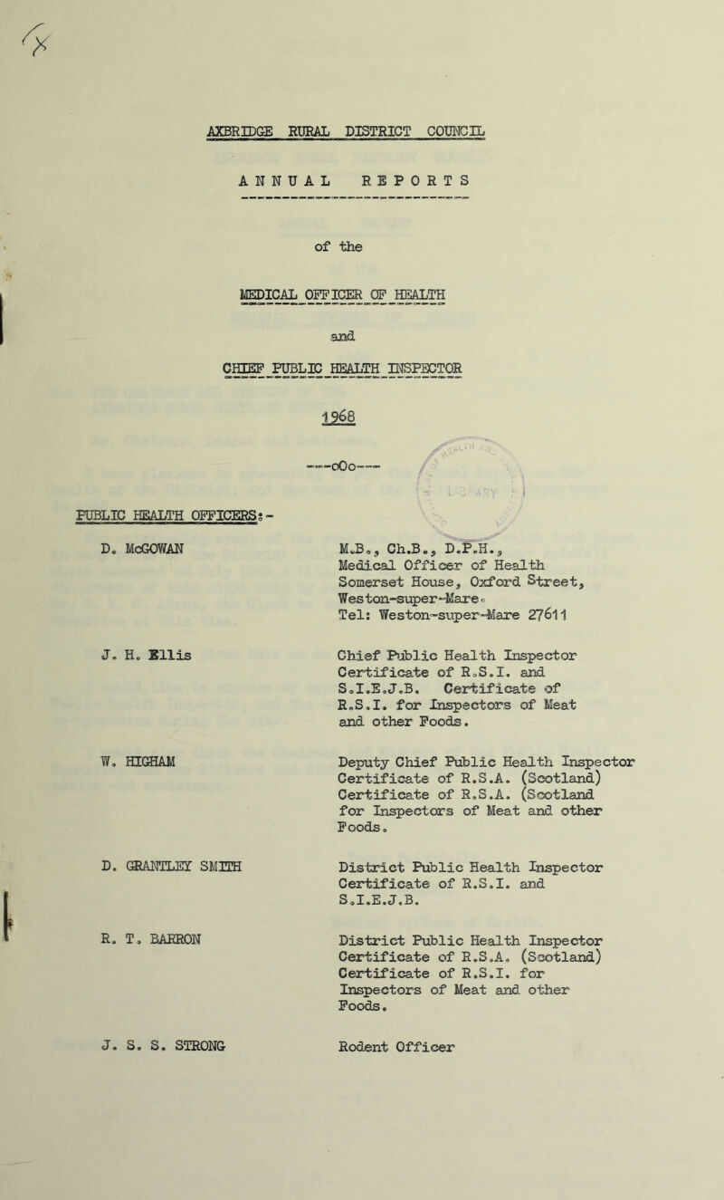 ANNUAL REPORTS of the and CH^ PUBLIC HEAL'm pjSFECTOR 1968 —oOo”— PUBLIC HEALTH OFFICERS?- D. McGOWAN Ch.B«5 D.PeH.^ Medical Officer of Health Somerset House, Oxford Street, Weston-super-Mare c Tel: Weston-super-Mare 27611 J, H» Bills Chief Piiblic Health Inspector Certificate of RoS.I. and ScI.SoJ.B. Certificate of R»S,I. for Inspectors of Meat and oti^r Foods. W, HICHAM Deputy Chief Public Health Inspector Certificate of R.S.A. (Scotland) Certificate of R.S.A. (Scotland for Inspectors of Meat and other Foods® D. G®ANTLEI SMITH District Public Health Inspector Certificate of R.S.I, and S oIsE.J <B. R. T. BARRON District Public Health Inspector Certificate of R.S.A, (Scotland) Certificate of R.S.I. for Inspectors of Meat and other Poods® J. S. S. STRONG Rodent Officer