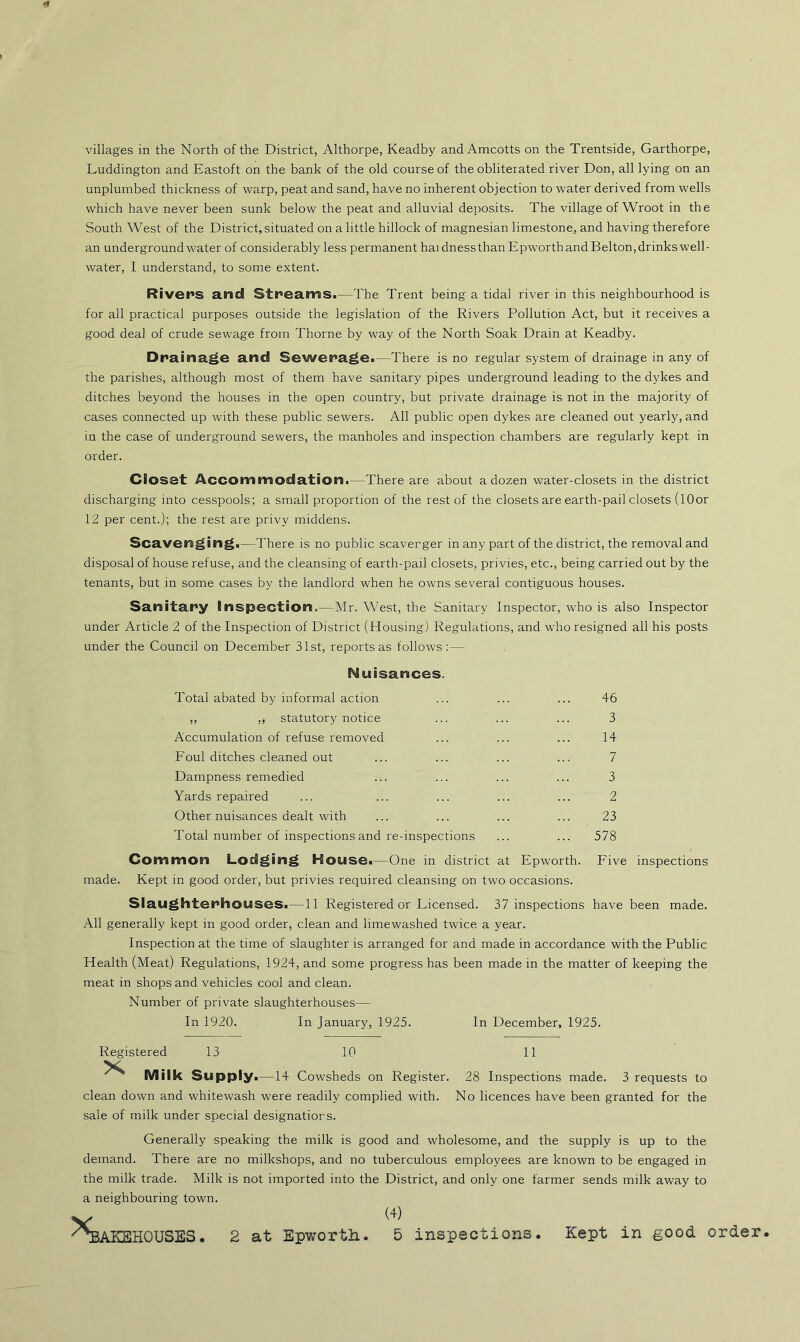 villages in the North of the District, Althorpe, Keadby and Amcotts on the Trentside, Garthorpe, Luddington and Eastoft on the bank of the old course of the obliterated river Don, all lying on an unplumbed thickness of warp, peat and sand, have no inherent objection to water derived from wells which have never been sunk below the peat and alluvial deposits. The village of Wroot in the South West of the District, situated on a little hillock of magnesian limestone, and having therefore an undergroundwater of considerably less permanent hai dnessthan Epworth and Belton, drinks well- water, I understand, to some extent. Rivers and Streams.—The Trent being a tidal river in this neighbourhood is for all practical purposes outside the legislation of the Rivers Pollution Act, but it receives a good deal of crude sewage from Thorne by way of the North Soak Drain at Keadby. Drainage and Sewerage.—There is no regular system of drainage in any of the parishes, although most of them have sanitary pipes underground leading to the dykes and ditches beyond the houses in the open country, but private drainage is not in the majority of cases connected up with these public sewers. All public open dykes are cleaned out yearly, and in the case of underground sewers, the manholes and inspection chambers are regularly kept in order. Closat Accommodation.—There are about a dozen water-closets in the district discharging into cesspools; a small proportion of the rest of the closets are earth-pail closets (lOor 12 per cent.); the rest are privy middens. Scavenging.—There is no public scaverger in any part of the district, the removal and disposal of house refuse, and the cleansing of earth-pail closets, privies, etc., being carried out by the tenants, but in some cases by the landlord when he owns several contiguous houses. Sanitary Inspection.—Mr. West, the Sanitary Inspector, who is also Inspector under Article 2 of the Inspection of District (Housing) Regulations, and who resigned all his posts under the Council on December 31st, reports as follows:— Nuisances. Total abated by informal action ,, ,, statutory notice Accumulation of refuse removed Foul ditches cleaned out Dampness remedied Yards repaired Other nuisances dealt with Total number of inspections and re-inspections Common Lodging House.—One in district at Epworth. made. Kept in good order, but privies required cleansing on two occasions. Slaughterhouses.—11 Registered or Licensed. 37 inspections have been made. All generally kept in good order, clean and limewashed twice a year. Inspection at the time of slaughter is arranged for and made in accordance with the Public Health (Meat) Regulations, 1924, and some progress has been made in the matter of keeping the meat in shops and vehicles cool and clean. Number of private slaughterhouses— In 1920. In January, 1925. In December, 1925. 46 3 14 7 3 2 23 578 Five inspections Registered 13 10 11 Milk Supply.—14 Cowsheds on Register. 28 Inspections made. 3 requests to clean down and whitewash were readily complied with. No licences have been granted for the sale of milk under special designations. Generally speaking the milk is good and wholesome, and the supply is up to the demand. There are no milkshops, and no tuberculous employees are known to be engaged in the milk trade. Milk is not imported into the District, and only one farmer sends milk away to a neighbouring town. v (4)