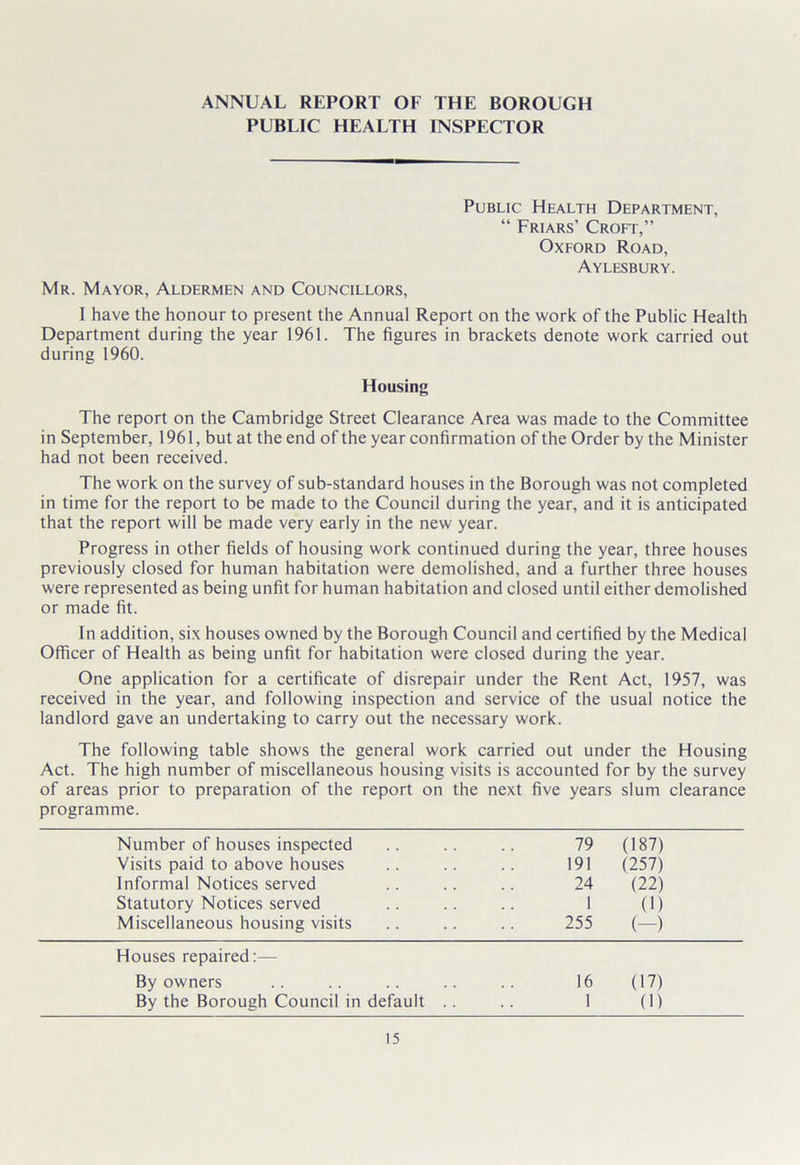 ANNUAL REPORT OF THE BOROUGH PUBLIC HEALTH INSPECTOR Public Health Department, “ Friars’ Croft,” Oxford Road, Aylesbury. Mr. Mayor, Aldermen and Councillors, 1 have the honour to present the Annual Report on the work of the Public Health Department during the year 1961. The figures in brackets denote work carried out during 1960. Housing The report on the Cambridge Street Clearance Area was made to the Committee in September, 1961, but at the end of the year confirmation of the Order by the Minister had not been received. The work on the survey of sub-standard houses in the Borough was not completed in time for the report to be made to the Council during the year, and it is anticipated that the report will be made very early in the new year. Progress in other fields of housing work continued during the year, three houses previously closed for human habitation were demolished, and a further three houses were represented as being unfit for human habitation and closed until either demolished or made fit. In addition, six houses owned by the Borough Council and certified by the Medical Officer of Health as being unfit for habitation were closed during the year. One application for a certificate of disrepair under the Rent Act, 1957, was received in the year, and following inspection and service of the usual notice the landlord gave an undertaking to carry out the necessary work. The following table shows the general work carried out under the Housing Act. The high number of miscellaneous housing visits is accounted for by the survey of areas prior to preparation of the report on the next five years slum clearance programme. Number of houses inspected Visits paid to above houses Informal Notices served Statutory Notices served Miscellaneous housing visits 79 191 24 1 255 (187) (257) (22) (1) (—) Houses repaired:— By owners 16 (17) By the Borough Council in default .. 1 (1)