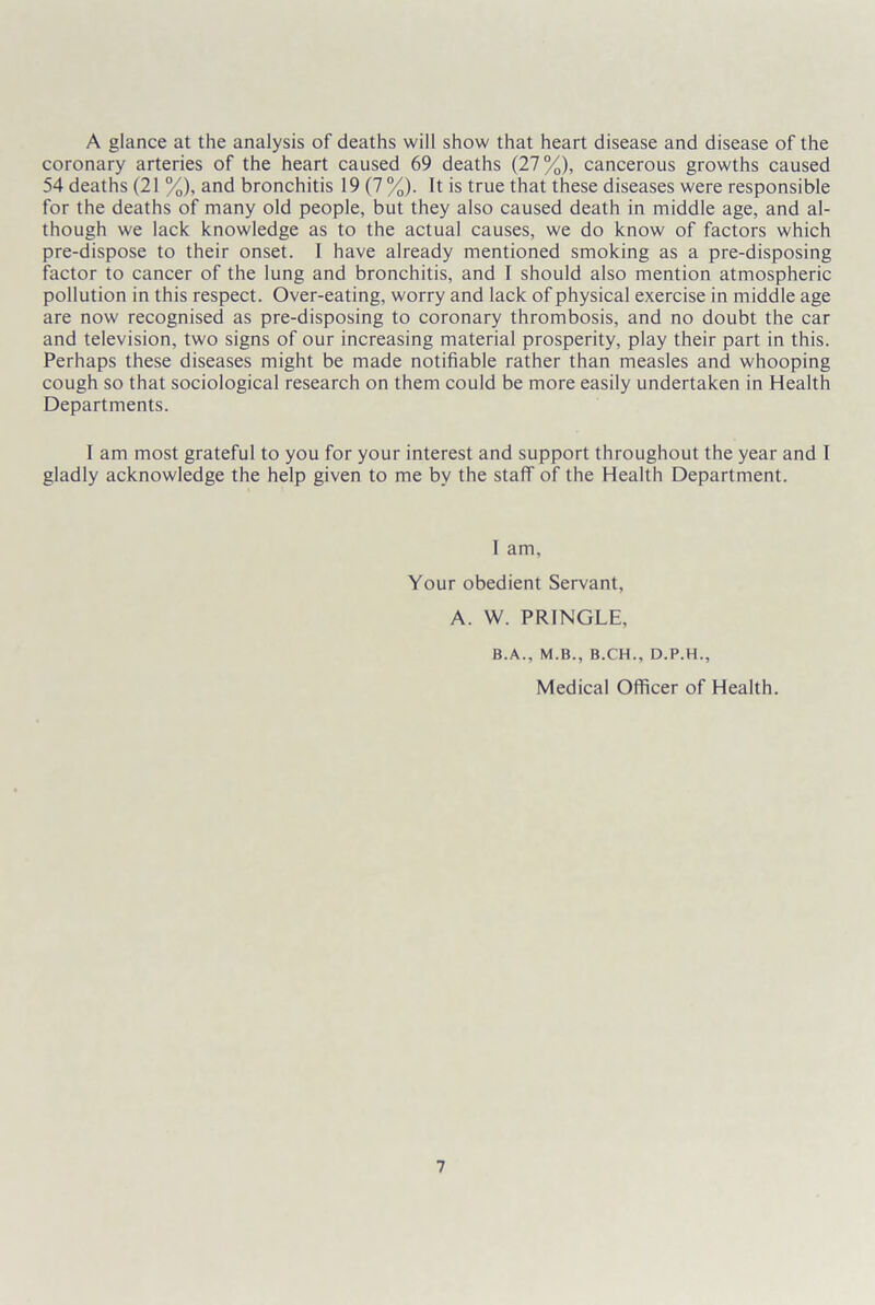 A glance at the analysis of deaths will show that heart disease and disease of the coronary arteries of the heart caused 69 deaths (21%), cancerous growths caused 54 deaths (21 %), and bronchitis 19 (7 %). It is true that these diseases were responsible for the deaths of many old people, but they also caused death in middle age, and al- though we lack knowledge as to the actual causes, we do know of factors which pre-dispose to their onset. I have already mentioned smoking as a pre-disposing factor to cancer of the lung and bronchitis, and I should also mention atmospheric pollution in this respect. Over-eating, worry and lack of physical exercise in middle age are now recognised as pre-disposing to coronary thrombosis, and no doubt the car and television, two signs of our increasing material prosperity, play their part in this. Perhaps these diseases might be made notifiable rather than measles and whooping cough so that sociological research on them could be more easily undertaken in Health Departments. I am most grateful to you for your interest and support throughout the year and I gladly acknowledge the help given to me by the staff of the Health Department. I am, Your obedient Servant, A. W. PRINGLE, B.A., M.B., B.CH., D.P.H., Medical Officer of Health.