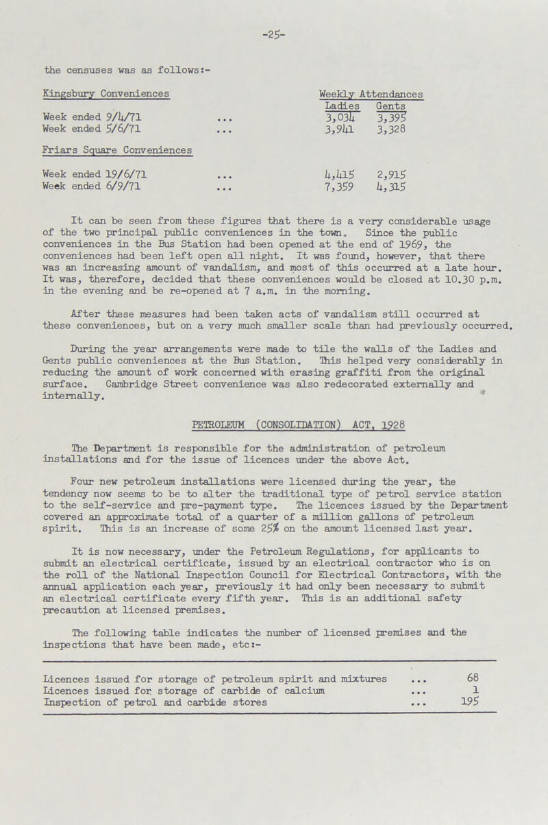 -25- the censuses was as follows:- Kingsbury Conveniences Week ended 9/ii/71 Week ended 5/6/71 Friars Square Conveniences Week ended 19/6/71 Week ended 6/9/71 Weekly Attendances Ladies Gents 3,03k 3,395 3,9kl 3,328 UMS 2,915 7,359 k,3l5 It can be seen from these figures that there is a very considerable usage of the two principal public conveniences in the town. Since the public conveniences in the Bus Station had been opened at the end of 1969, the conveniences had been left open all night. It was found, however, that there was an increasing amount of vandalism, and most of this occurred at a late hour. It was, therefore, decided that these conveniences would be closed at 10.30 p.m. in the evening and be re-opened at 7 a.m. in the morning. After these measures had been taken acts of vandalism still occurred at these conveniences, but on a very much smaller scale than had previously occurred. During the year arrangements were made to tile the walls of the Ladies and Gents public conveniences at the Bus Station. This helped very considerably in reducing the amount of work concerned with erasing graffiti from the original surface. Cambridge Street convenience was also redecorated externally and internally. PETROLEUM (CONSOLIDATION) ACT. 1926 The Department is responsible for the administration of petroleum installations and for the issue of licences under the above Act. Four new petroleum installations were licensed during the year, the tendency now seems to be to alter the traditional type of petrol service station to the self-service and pre-payment type. The licences issued by the Department covered an approximate total of a quarter of a million gallons of petroleum spirit. This is an increase of some 25$ on the amount licensed last year. It is now necessary, under the Petroleum Regulations, for applicants to submit an electrical certificate, issued by an electrical contractor who is on the roll of the National Inspection Council for Electrical Contractors, with the annual application each year, previously it had only been necessary to submit an electrical certificate every fifth year. This is an additional safety precaution at licensed premises. The following table indicates the number of licensed premises and the inspections that have been made, etc:- Licences issued for storage of petroleum spirit and mixtures Licences issued for storage of carbide of calcium Inspection of petrol and carbide stores 68 1 195