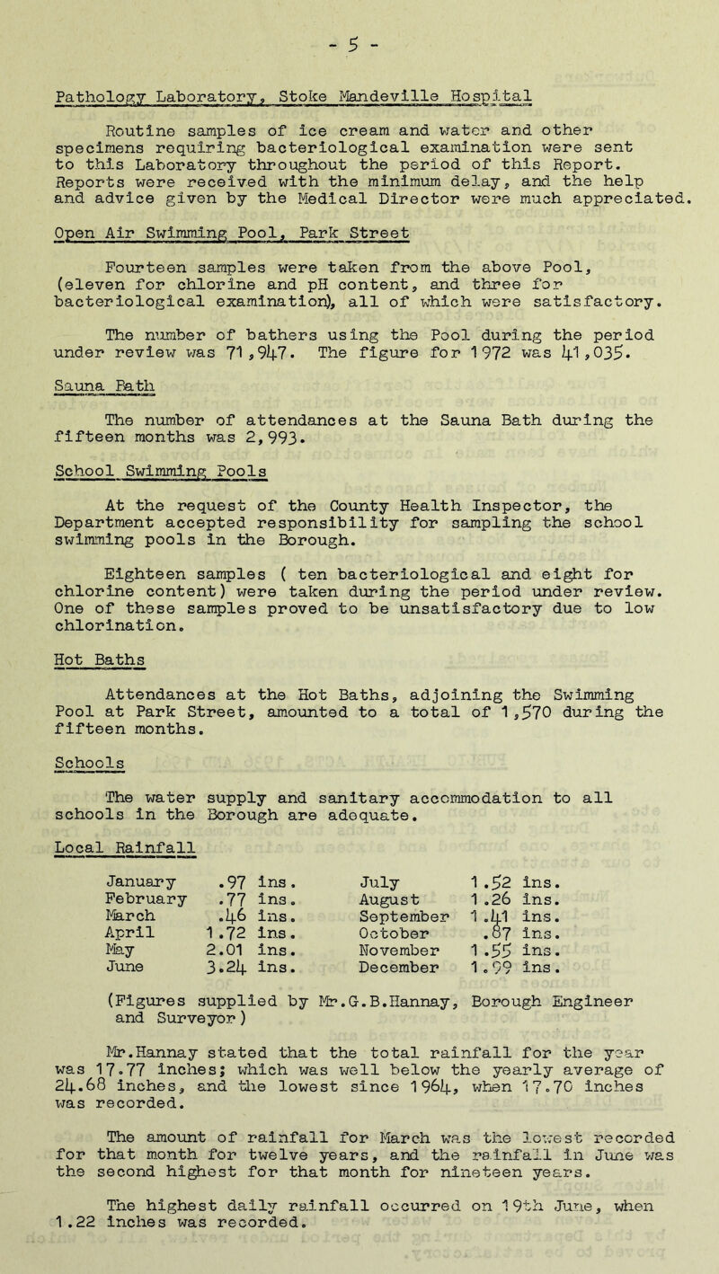 Pathology Laboratory, Stoke Mandeville Hospital Routine samples of ice cream and water and other specimens requiring bacteriological examination were sent to this Laboratory throughout the period of this Report. Reports were received with the minimum delay, and the help and advice given by the Medical Director were much appreciated. Open Air Swimming Pool, Park Street Fourteen samples were taken from the above Pool, (eleven for chlorine and pH content, and three for bacteriological examination), all of which were satisfactory. The number of bathers using the Pool during the period under review was 71*947. The figure for 1972 was lj.1,035* Sauna Path The number of attendances at the Sauna Bath during the fifteen months was 2,993. School Swimming Pools At the request of the County Health Inspector, the Department accepted responsibility for sampling the school swimming pools in the Borough. Eighteen samples ( ten bacteriological and eight for chlorine content) were taken during the period under review. One of these samples proved to be unsatisfactory due to low chlorination. Hot Baths Attendances at the Hot Baths, adjoining the Swimming Pool at Park Street, amounted to a total of 1,570 during the fifteen months. Schools The water supply and sanitary accommodation to all schools in the Borough are adequate. Local Rainfall January .97 ins, July 1.52 ins. February .77 in3. August 1 .26 ins. March .46 ins. September 1 .41 ins. April 1 .72 Ins. October .87 ins. May 2.01 ins. November 1 .55 ins. June 3.24 ins. December 1.99 ins. (Figures supplied by Mr? . G-. B. Hannay, Borough Engineer and Surveyor) Mr.Hannay stated that the total rainfall for the year was 17.77 inches; which was well below the yearly average of 2i|..68 inches, and the lowest since 1964? when 17.70 inches was recorded. The amount of rainfall for March wa.s the lowest recorded for that month for twelve years, and the rainfall in June was the second highest for that month for nineteen years. The highest daily rainfall occurred on 19th June, when 1.22 inches was recorded.