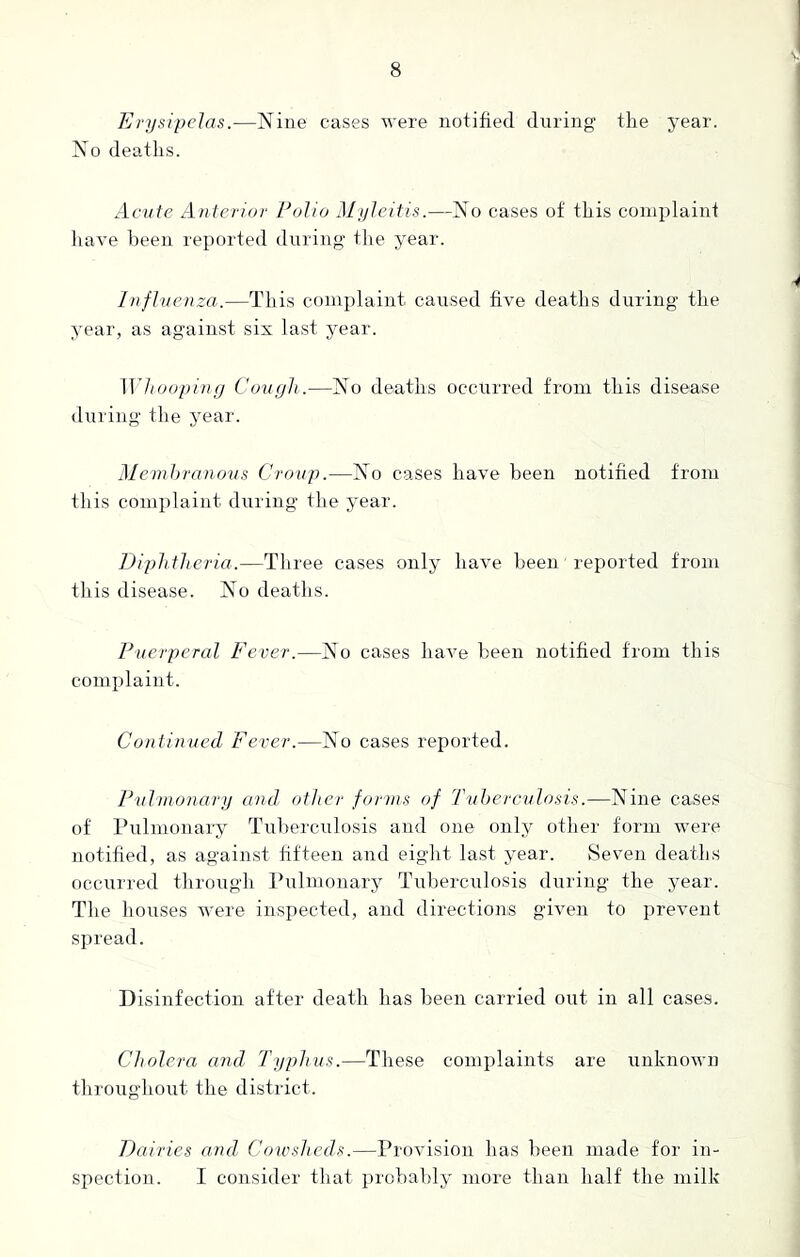 Erysipelas.-—Nine cases were notified during the year. No deaths. Acute Anterior Polio Myleitis.—No cases of this complaint have been reported during the year. Influenza.-—This complaint caused five deaths during the year, as against six last year. 117/ ooping Cough.—No deaths occurred from this disease during the year. Membranous Croup.—No cases have been notified from this complaint during the year. Diphtheria.—Three cases only have been reported from this disease. No deaths. Puerperal Fever.—No cases have been notified from this complaint. Continued Fever.—No cases reported. Pulmonary and other forms of Tuberculosis.—Nine cases of Pulmonary Tuberculosis and one only other form were notified, as against fifteen and eight last year. Seven deaths occurred through Pulmonary Tuberculosis during the year. The houses were inspected, and directions given to prevent spread. Disinfection after death has been carried out in all cases. Cholera and Typhus.—These complaints are unknown throughout the district. Dairies and Cowsheds.—Provision has been made for in- spection. I consider that probably more than half the milk