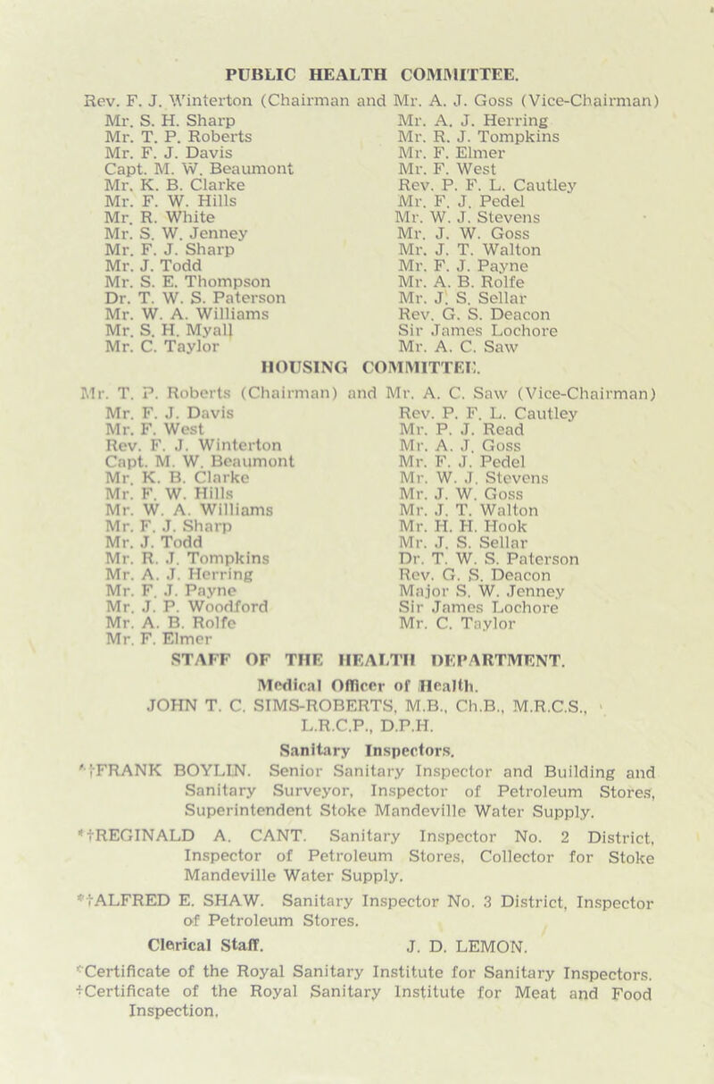 PUBLIC HEALTH COMMITTEE. Rev. F. J. Winterton (Chairman and Mr. A. J. Goss (Vice-Chairman) Mr. S. H. Sharp Mr. T. P. Roberts Mr. F. J. Davis Capt. M. W. Beaumont Mr. K. B. Clarke Mr. F. W. Hills Mr. R. White Mr. S. W. Jenney Mr. F. J. Sharp Mr. J. Todd Mr. S. E. Thompson Dr. T. W. S. Paterson Mr. W. A. Williams Mr. S. H. Myall Mr. C. Taylor Mr. A. J. Herring Mr. R. J. Tompkins Mr. F. Elmer Mr. F. West Rev. P. F. L. Cautley Mr. F. J. Pedel Mr. W. J. Stevens Mr. J. W. Goss Mr. J. T. Walton Mr. F. J. Payne Mr. A. B. Rolfe Mr. J. S. Sellar Rev. G. S. Deacon Sir James Lochore Mr. A. C. Saw HOUSING COMMITTEE. Mr. T. P. Roberts (Chairman) and Mr. A. C. Saw (Vice-Chairman) Rev. P. F. L. Cautley Mr. P. J. Read Mr. F. J. Davis Mr. F. West Rev. F. J. Winterton Capt. M. W. Beaumont Mr K. B. Clarke Mr. F. W. Hills Mr. W. A. Williams Mr. F. J. Sharp Mr. J. Todd Mr. R. J. Tompkins Mr. A. J. Herring Mr. F. J. Payne Mr. J. P. Woodford Mr. A. B. Rolfe Mr. F. Elmer Mr. A. J. Goss Mr. F. J. Pedel Mr. W. J. Stevens Mr. J. W. Goss Mr. J. T. Walton Mr. H. H. Hook Mr. J. S. Sellar Dr. T. W. S. Paterson Rev. G. S. Deacon Major S. W. Jenney Sir James Lochore Mr. C. Taylor STAFF OF THE HEALTH DEPARTMENT. Medical Officer of Health. JOHN T. C. SIMS-ROBERTS, M.B.. Ch.B., M.R.C.S.. L.R.C.P., D.P.H. Sanitary Inspectors. ' I'FRANK BOYLIN. Senior Sanitary Inspector and Building and Sanitary Surveyor, Inspector of Petroleum Stores, Superintendent Stoke Mandeville Water Supply. tREGINALD A. CANT. Sanitary Inspector No. 2 District, Inspector of Petroleum Stores, Collector for Stoke Mandeville Water Supply. ALFRED E. SHAW. Sanitary Inspector No. 3 District, Inspector of Petroleum Stores. Clerical Staff. J. D. LEMON. Certificate of the Royal Sanitary Institute for Sanitary Inspectors. •^Certificate of the Royal Sanitary Institute for Meat and Food Inspection.