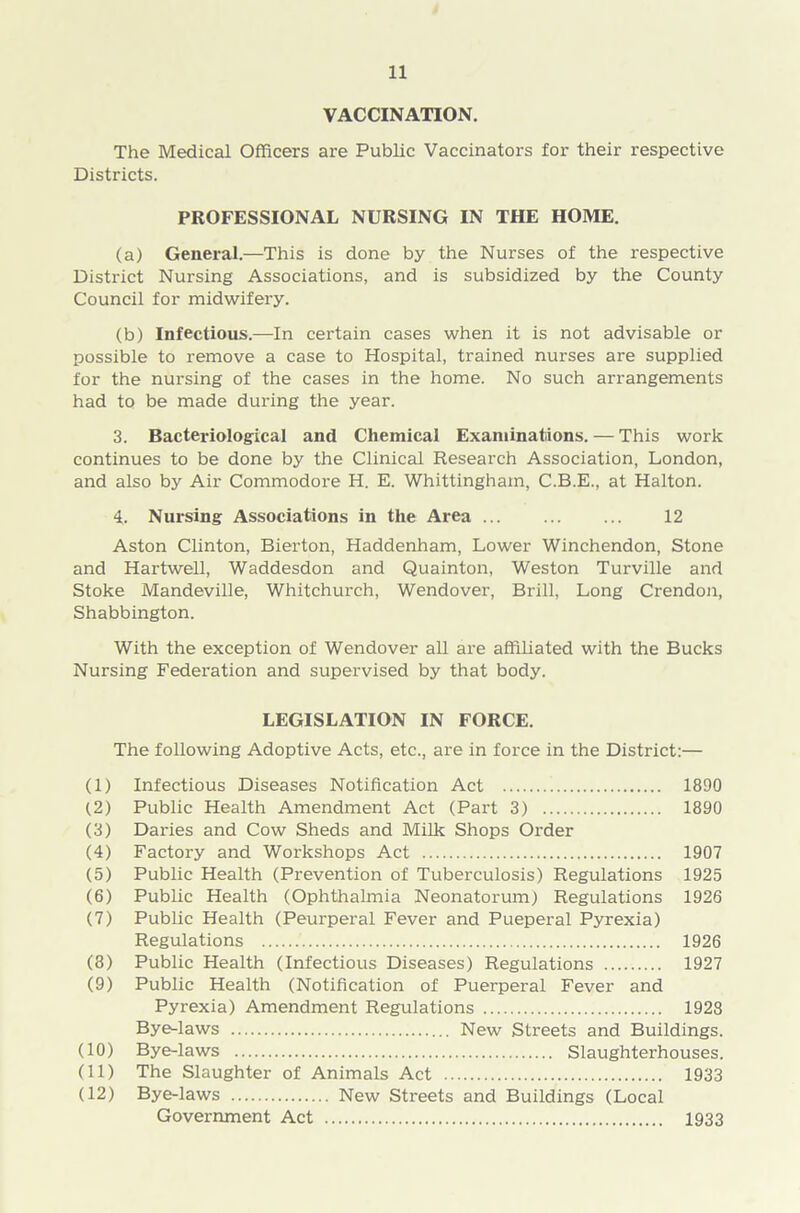 VACCINATION. The Medical Officers are Public Vaccinators for their respective Districts. PROFESSIONAL NURSING IN THE HOME. (a) General.—This is done by the Nurses of the respective District Nursing Associations, and is subsidized by the County Council for midwifery. (b) Infectious.—In certain cases when it is not advisable or possible to remove a case to Hospital, trained nurses are supplied for the nursing of the cases in the home. No such arrangements had to be made during the year. 3. Bacteriological and Chemical Examinations. — This work continues to be done by the Clinical Research Association, London, and also by Air Commodore H. E. Whittinghain, C.B.E., at Halton. 4. Nursing Associations in the Area 12 Aston Clinton, Bierton, Haddenham, Lower Winchendon, Stone and Hartwell, Waddesdon and Quainton, Weston Turville and Stoke Mandeville, Whitchurch, Wendover, Brill, Long Crendon, Shabbington. With the exception of Wendover all are affiliated with the Bucks Nursing Federation and supervised by that body. LEGISLATION IN FORCE. The following Adoptive Acts, etc., are in force in the District:— (1) (2) (3) (4) (5) (6) (7) (8) (9) (10) (11) (12) Infectious Diseases Notification Act 1890 Public Health Amendment Act (Part 3) 1890 Daries and Cow Sheds and Milk Shops Order Factory and Workshops Act 1907 Public Health (Prevention of Tuberculosis) Regulations 1925 Public Health (Ophthalmia Neonatorum) Regulations 1926 Public Health (Peurperal Fever and Pueperal Pyrexia) Regulations 1926 Public Health (Infectious Diseases) Regulations 1927 Public Health (Notification of Puerperal Fever and Pyrexia) Amendment Regulations 1928 Bye-laws New Streets and Buildings. Bye-laws Slaughterhouses. The Slaughter of Animals Act 1933 Bye-laws New Streets and Buildings (Local Government Act 1933