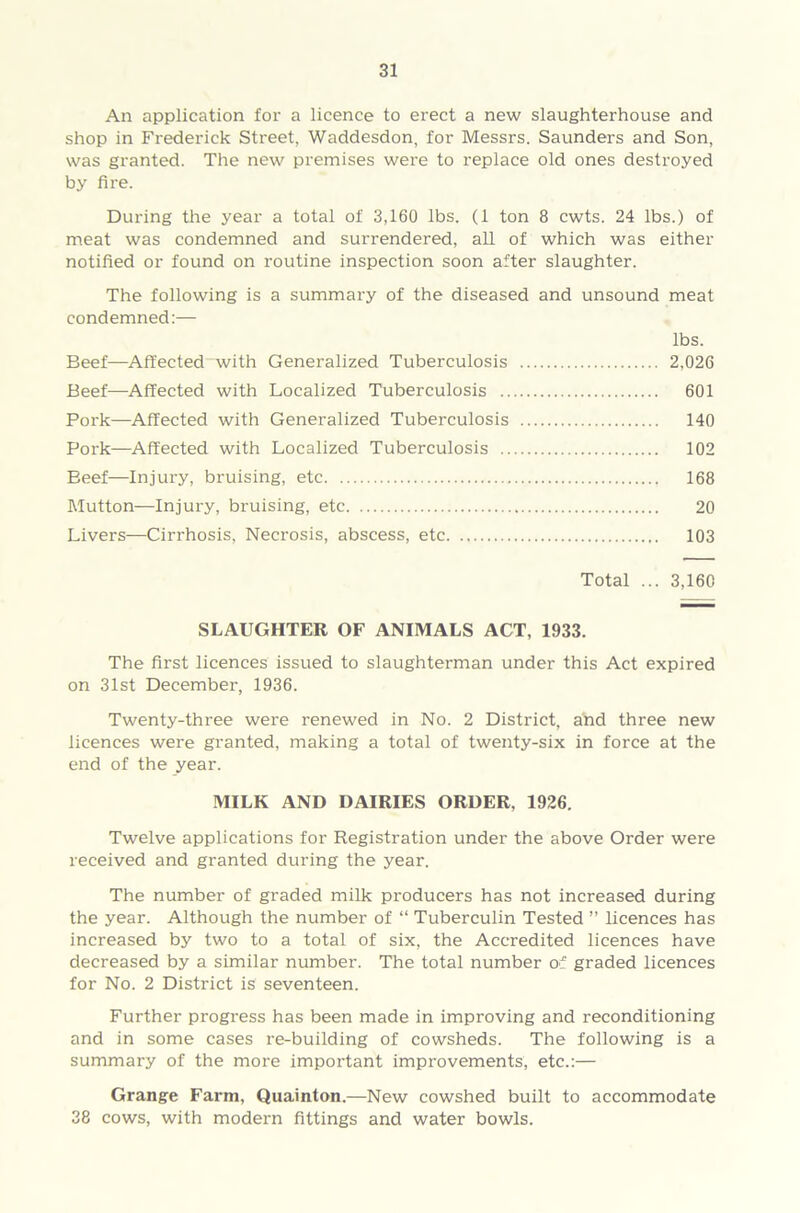 An application for a licence to erect a new slaughterhouse and shop in Frederick Street, Waddesdon, for Messrs. Saunders and Son, was granted. The new premises were to replace old ones destroyed by fire. During the year a total of 3,160 lbs. (1 ton 8 cwts. 24 lbs.) of meat was condemned and surrendered, all of which was either notified or found on routine inspection soon after slaughter. The following is a summary of the diseased and unsound meat condemned:— lbs. Beef—Affected with Generalized Tuberculosis 2,026 Beef—Affected with Localized Tuberculosis 601 Pork—Affected with Generalized Tuberculosis 140 Pork—Affected with Localized Tuberculosis 102 Beef—Injury, bruising, etc 168 Mutton—Injury, bruising, etc 20 Livers—Cirrhosis, Necrosis, abscess, etc 103 Total ... 3,160 SLAUGHTER OF ANIMALS ACT, 1933. The first licences issued to slaughterman under this Act expired on 31st December, 1936. Twenty-three were renewed in No. 2 District, and three new licences were granted, making a total of twenty-six in force at the end of the year. MILK AND DAIRIES ORDER, 1926. Twelve applications for Registration under the above Order were received and granted during the year. The number of graded milk producers has not increased during the year. Although the number of “ Tuberculin Tested ” licences has increased by two to a total of six, the Accredited licences have decreased by a similar number. The total number of graded licences for No. 2 District is seventeen. Further progress has been made in improving and reconditioning and in some cases re-building of cowsheds. The following is a summary of the more important improvements, etc.:— Grange Farm, Quainton.—New cowshed built to accommodate 38 cows, with modern fittings and water bowls.