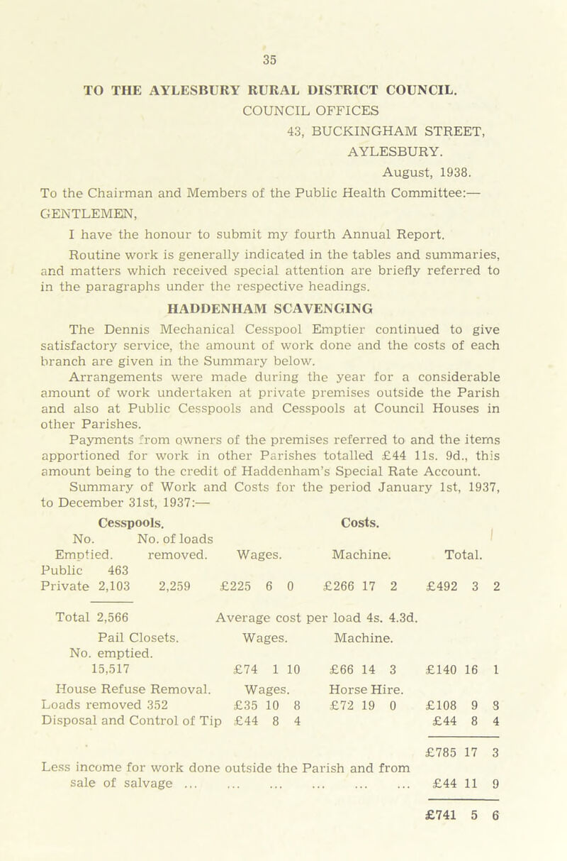TO THE AYLESBURY RURAL DISTRICT COUNCIL. COUNCIL OFFICES 43, BUCKINGHAM STREET, AYLESBURY. August, 1938. To the Chairman and Members of the Public Health Committee:— GENTLEMEN, I have the honour to submit my fourth Annual Report. Routine work is generally indicated in the tables and summaries, and matters which received special attention are briefly referred to in the paragraphs under the respective headings. HADDENIIAM SCAVENGING The Dennis Mechanical Cesspool Emptier continued to give satisfactory service, the amount of work done and the costs of each branch are given in the Summary below. Arrangements were made during the year for a considerable amount of work undertaken at private premises outside the Parish and also at Public Cesspools and Cesspools at Council Houses in other Parishes. Payments from owners of the premises referred to and the items apportioned for work in other Parishes totalled £44 11s. 9d., this amount being to the credit of Haddenham’s Special Rate Account. Summary of Work and Costs for the period January 1st, 1937, to December 31st, 1937:— Cesspools. Costs. No. No. of loads Emptied. removed. Wages. Machine. Total. Public 463 Private 2,103 2,259 £225 6 0 £266 17 2 £492 3 2 Total 2,566 Average cost per load 4s. 4.3d. Pail Closets. Wages. Machine. No. emptied. 15,517 £74 1 10 £66 14 3 £140 16 House Refuse Removal. Wages. Horse Hire. Loads removed 352 £35 10 8 £72 19 0 £108 9 Disposal and Control of Tip £44 8 4 £44 8 1 3 4 £785 17 3 £44 11 9 Less income for work done outside the Parish and from sale of salvage ... ... ... ... £741 5 6