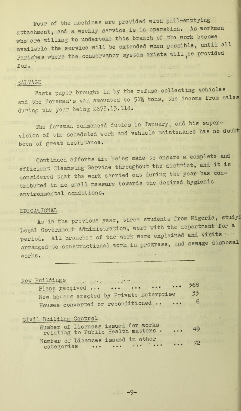 Four of the machines are provided with pail-emptying attachment, and a weekly service is in operation. As workmen who are willing to undertake this branch of the work become available the service will be extended when possible, until all Parishes where the conservancy system exists will be provided for. SALVAGE 1 Waste paper brought in by the refuse collecting vehicles and the Foreman’s van amounted to 51/2 tons, the income from sales during the year oeing £/673» 13• Ho. The foreman commenced duties in January,, and his super- vision of the scheduled work and vehicle maintenance has no doubt been of great assistance. Continued efforts are being made to ensure a complete and efficient Cleansing Service throughout the district, and it is considered that the work carried out during the year has con- tributed in no small measure towards the desired hygienic environmental conditions* EDUCATIONAL As in the previous year, three students from Nigeria, study! local Government Administration, were with the department for a period. All branches of the work were explained and visits •• arranged to constructional work in progress, and sewage disposal works. New Buildings ......... . Plans-received New houses erected by Private Enterprise Houses converted or reconditioned .. Civil Building Control Number of Licences issued for works relating to Public Health matters ° Number of Licences issued in other categories 368 33 6 4-9 72 -9-