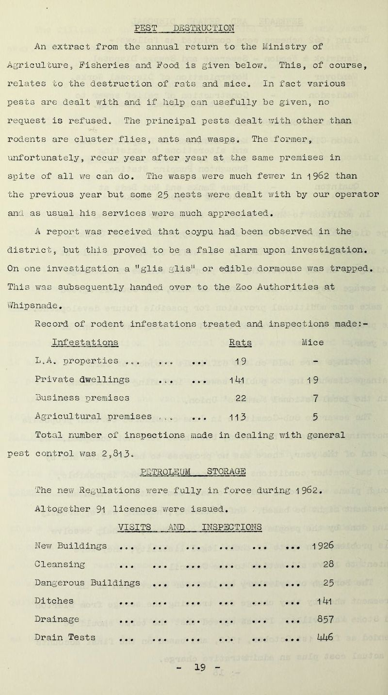 PEST DESTRUCTION An extract from the annual return to the Ministry of Agriculture, Fisheries and Food is given below. This, of course, relates to the destruction of rats and mice. In fact various pests are dealt with and if help can usefully be given, no request is refused. The principal pests dealt with other than rodents are cluster flies, ants and wasps. The former, unfortunately, recur year after year at the same premises in spite of all we can do. The wasps were much fewer in 1 962 than the previous year but some 25 nests were dealt with by our operator and as usual his services were much appreciated. A report was received that coypu had been observed in the district, but this proved to be a false alarm upon investigation. On one investigation a glis glis11 or edible dormouse was trapped. This was subsequently handed over to the Zoo Authorities at I'Vhipsnade. Record of rodent infestations treated and inspections made:- Infestations Rats Mice L.A. properties ... ... ... 1 9 Private dwellings . t . ... 19 Business premises 22 7 Agricultural premises . . ... 113 5 Total number of inspections made in dealing v/ith general pest control was 2,813° PETROLEUM STORAGE The new Regulations were fully in force during 19&2. Altogether 91 licences 'were issued. VISITS AND INSPECTIONS • • o • • • New Buildings ... Cleansing Dangerous Buildings ... Ditches Drainage Drain Tests • • 000 000 000 000 000 000 00 000 000 000 000 000 000 000 0 0 0 000 00 - 19 - ... 1926 28 25 ... -14i — 857 ... 446