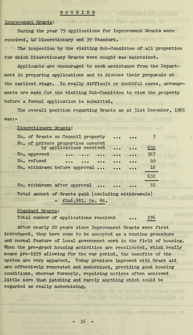 HOUSING Improvement Grants: During the year 79 applications for Improvement Grants were received, 40 Discretionary and 39 Standard. The inspection by the visiting Sub-Oommittee of all properties for which Discretionary Grants were sought was maintained. Applicants are encouraged to seek assistance from the Depart- ment in preparing applications and to discuss their proposals at the earliest stage. In really difficult or doubtful cases, arrange- ments are made for the visiting Sub-Committee to view the property before a formal application is submitted. The overall position regarding Grants as at 31st December, 196-5 was:- Discretionary Grants: No. No. No. No. No. No. Standard Grants: Total number of applications received ... 276 After nearly 20 years since Improvement Grants were first introduced, they have come to be accepted as a routine procedure and normal feature of local government work in the field of housing. When the pre-grant housing activities are recollected, which really means pre-1939 allowing for the war period, the benefits of the system are very apparent. Today premises improved with Grant aid are effectively renovated and modernised, providing good housing conditions, whereas formerly, repairing notices often achieved little more than patching and rarely anything which could be regarded as really modernising. of Grants on Council property of private properties covered by applications received approved refused withdrawn before approval ... 3 §22 567 49 16 632 withdrawn after approval ... 52 ;al amount of Grants paid (excluding withdrawals) = £146,881. 5s. 8d.