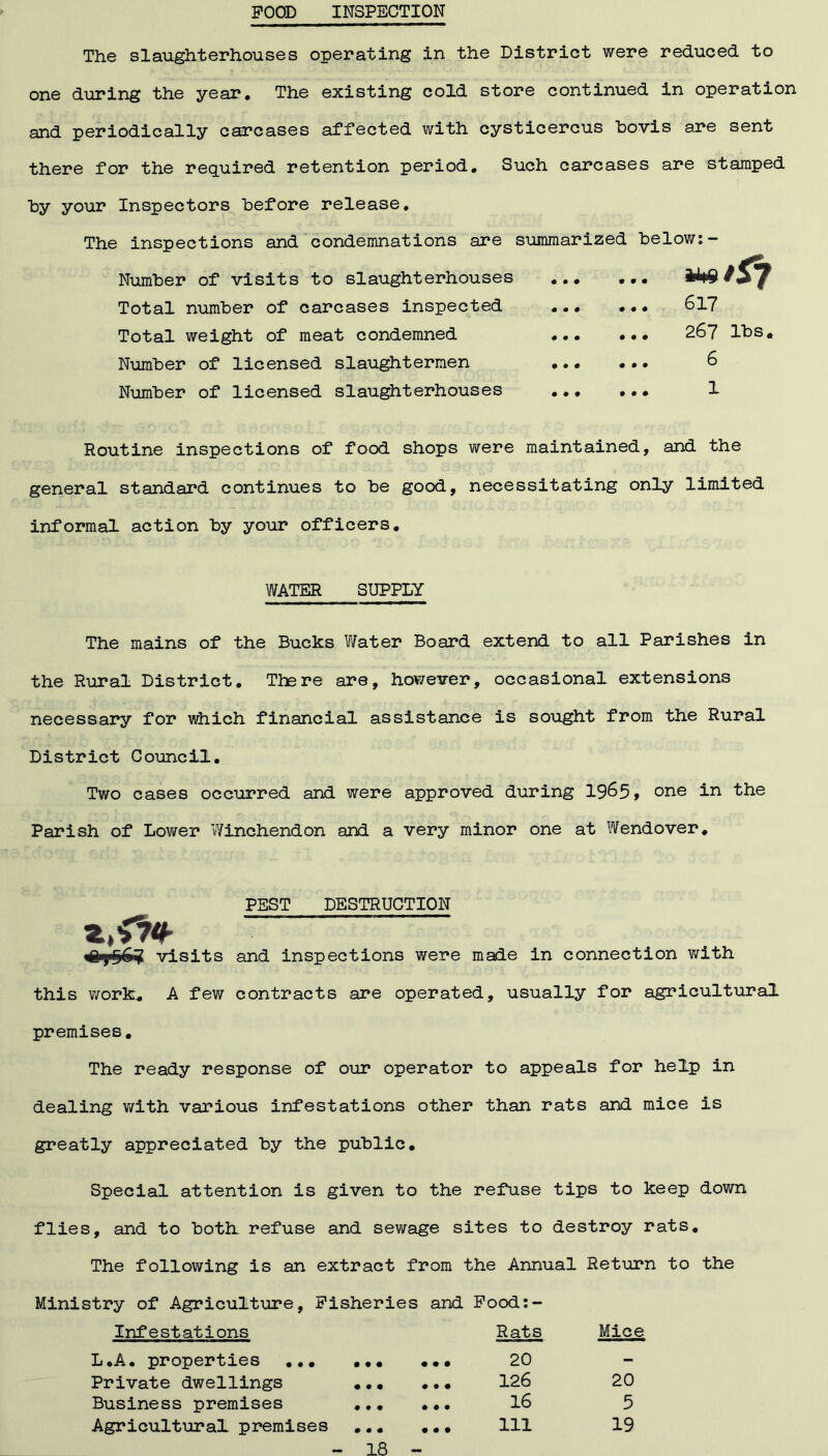 POOD INSPECTION The slaughterhouses operating in the District were reduced to one during the year. The existing cold store continued in operation and periodically carcases affected with cysticercus bovis are sent there for the required retention period. Such carcases are stamped by your Inspectors before release. The inspections and condemnations are summarized below:- Number of visits to slaughterhouses Total number of carcases inspected Total weight of meat condemned Number of licensed slaughtermen Number of licensed slaughterhouses Routine inspections of food shops were maintained, and the general standard continues to be good, necessitating only limited informal action by your officers. WATER SUPPLY The mains of the Bucks Water Board extend to all Parishes in the Rural District. Ttere are, however, occasional extensions necessary for which financial assistance is sought from the Rural District Council. Two cases occurred and were approved during 1965, one in the Parish of Lower Winchendon and a very minor one at Wendover. 0 9 0 9 9 0 0 0 9 0 9 9 0 9 0 9 9 9 0 9 0 9 0 9 0 9 9 9 0 0 *49/^7 617 267 lbs. 6 1 PEST DESTRUCTION visits and inspections were made in connection with this work. A few contracts are operated, usually for agricultural premises. The ready response of our operator to appeals for help in dealing with various infestations other than rats and mice is greatly appreciated by the public. Special attention is given to the refuse tips to keep down flies, and to both, refuse and sewage sites to destroy rats. The following is an extract from the Annual Return to the Ministry of Agriculture, Fisheries and Food:- Infestations Rats L.A. properties ... 20 Private dwellings 126 Business premises 16 Agricultural premises Ill - 18 - Mice 20 5 19