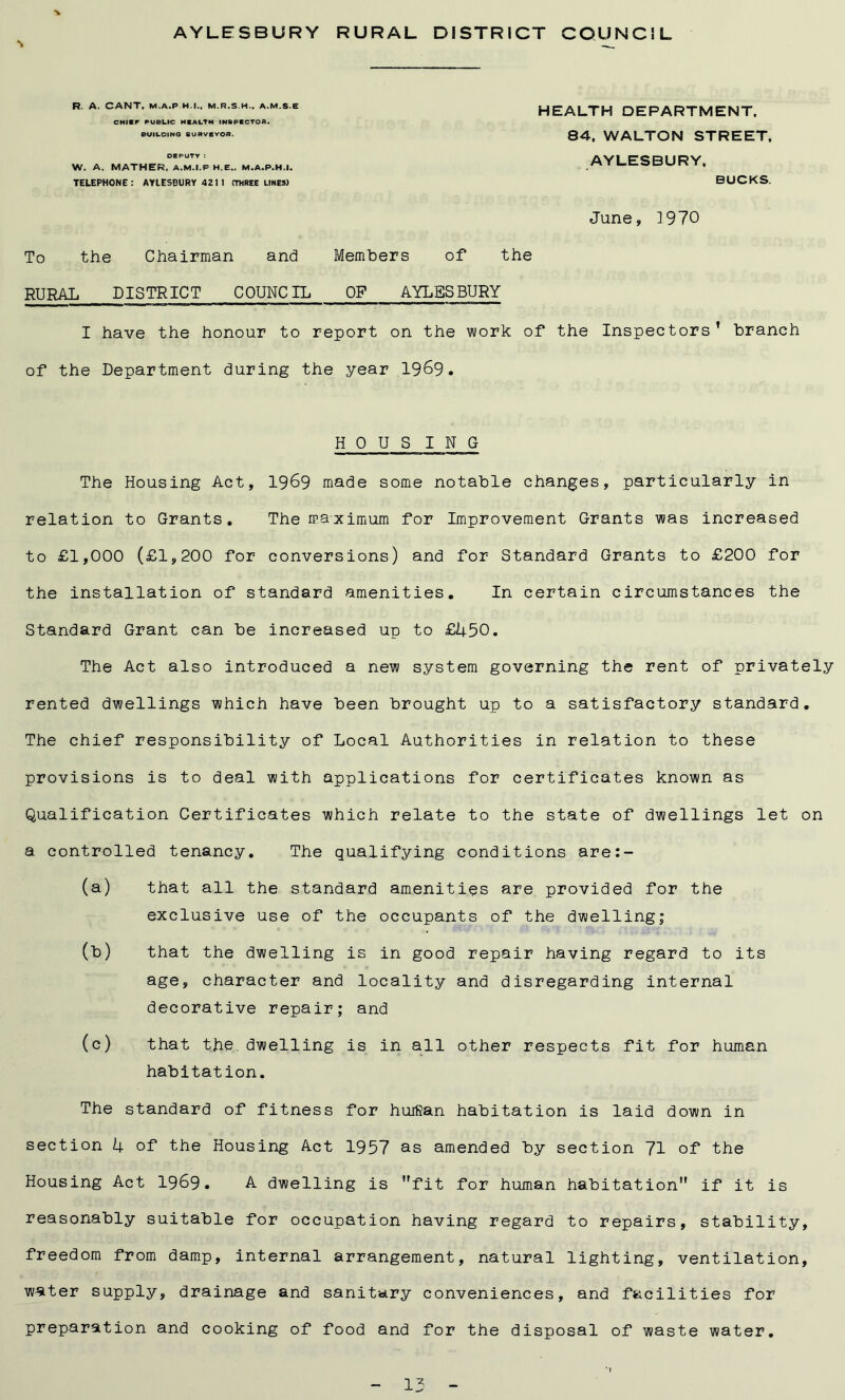 R. A. CANT, M.A.P H.I., M.R.S.H.. A.M.S.E CHIEF PUBLIC HEALTH INSPECTOR. BUILDING 8URVBVOR. DEPUTY : W. A. MATHER. A.M.I.P H.E.. M.A.P.H.I. TELEPHONE: AYLESBURY 4211 CTHREE LINES) HEALTH DEPARTMENT. 84, WALTON STREET, AYLESBURY. BUCKS. June, ]970 To the Chairman and Members of the RURAL DISTRICT COUNCIL OP AYLESBURY I have the honour to report on the work of the Inspectors’ branch of the Department during the year 1969. H 0 U S I N G The Housing Act, 1969 made some notable changes, particularly in relation to Grants. The maximum for Improvement Grants was increased to £1,000 (£1,200 for conversions) and for Standard Grants to £200 for the installation of standard amenities. In certain circumstances the Standard Grant can be increased up to £450. The Act also introduced a new system governing the rent of privately rented dwellings which have been brought up to a satisfactory standard. The chief responsibility of Local Authorities in relation to these provisions is to deal with applications for certificates known as Qualification Certificates which relate to the state of dwellings let on a controlled tenancy. The qualifying conditions are:- (a) that all the standard amenities are provided for the exclusive use of the occupants of the dwelling; (b) that the dwelling is in good repair having regard to its age, character and locality and disregarding internal decorative repair; and (c) that the. dwelling is in all other respects fit for human habitation. The standard of fitness for huiftan habitation is laid down in section U of the Housing Act 1957 as amended by section 71 of the Housing Act 1969. A dwelling is fit for human habitation if it is reasonably suitable for occupation having regard to repairs, stability, freedom from damp, internal arrangement, natural lighting, ventilation, water supply, drainage and sanitary conveniences, and facilities for preparation and cooking of food and for the disposal of waste water.