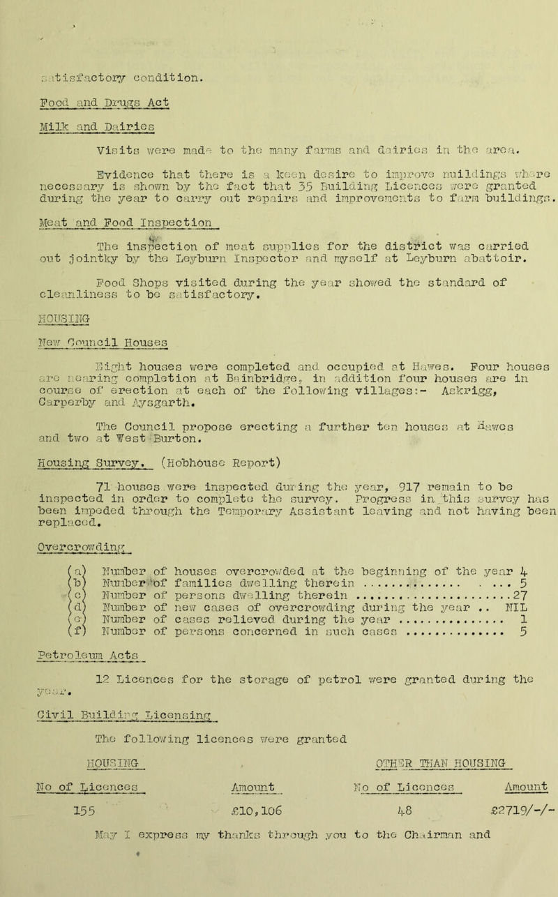 it isf actory condition. Pood and Drugs Act Milk and Dairies Via its were made to the many farms and in the area. Evidence that there is a keen desire to improve nuildings where necessary is shown by the fact that 3.5 Building Licences were granted during the year to carry out repairs and improvements to farm buildings. Meat and Pood Inspection The inspection of meat supplies for the district was carried out jointky by the Leyburn Inspector and myself at Leyburn abattoir. Pood Shops visited during the year showed the standard of cleanliness to be satisfactory. HOUSING New Council Houses Eight houses were completed and occupied at Hawes. Pour houses are nearing completion at Bainbridge, in addition four houses are in course of erection at each of the following villages:- Askrigg, Oarperby and Aysgarth. The Council propose erecting a further ten houses at Hawes and two at West Burton. Housing Survey, (hobhouse Report) 71 houses were inspected during the year, 917 remain to be inspected in order to complete the survey. Progress in..this .survey has been impeded through the Temporary Assistant leaving and not having been replaced. Overcrowding Number of Number'of Number of Number of Number of Number of houses overcrowded at the beginning of the year if families dwelling therein 3 persons dwelling therein 27 new cases of overcrowding during the year .. NIL cases relieved during the year 1 persons concerned in such cases 5 Petroleum Acts 12 Licences for the storage of petrol were granted during the «y ar • Civil Building Licensing_ The following licences were granted HOUSING OTHER THAN HOUSING No of Licences Amount No of Licences Amount 155 £10,106 48 £2719/-/' May I express my thanks through you to the Chairman and