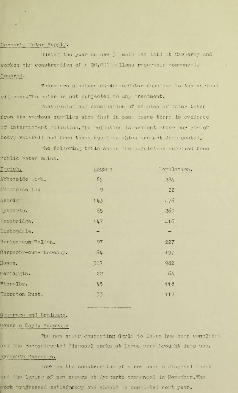 Carperby W a ter Supply During the year ran new 3,: main was laid at Garperby and workon the construction of a 20,000 gallons reservoir commenced. General. There are nineteen separate water supplies to the various villages.^he water is not subjected to any treatment. Bacteriological examination of samples of water taken from -ho various supplies show that in some cases there is evidence of intermittent pollution.The pollution is evident after periods of heavy rainfall and from those sup -lies which are not, deep seated. ''he following; table shows the population supplied from Public wa t e r mains. Parish. Abbotside Hiyh. Abbotside Low Askriry; ■ysgarth. Bainbridge. Bishopdale. Burton-c um -’,7 a 1 d e n. C a r p e rby-curn-Tho re s by. Hawes. Newb Lapin. Thoralby. Thornton Rust. 83 9 1 A3 65 147 22 45 33 Population. 284 22 476 260 41 6 227 197 982 64 11 8 11 2 Seweraye ana Drainage. Hawes A Gayle Seweraye The new sewer connecting Gayle to Hawes has been completed and the reconstructed disposal works at Hawes were brou lit into use. Aysyarth Seweraye. Pork on the construction of a new sewaye disposal works and the layiny of new sewers at Aysyarth commenced in November.The work progressed satisfactory and should be com 'luted next year.