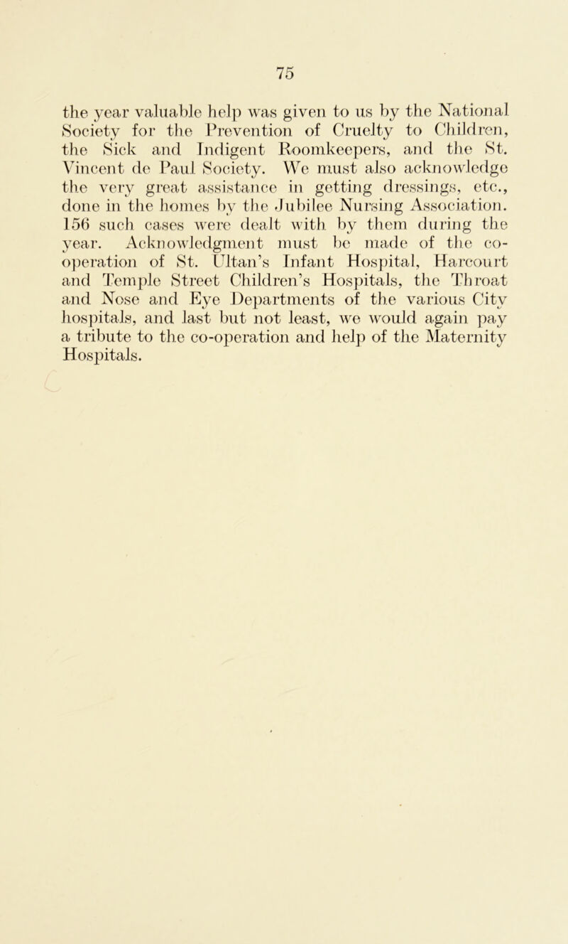 the year valuable help was given to us by the National Society for the Prevention of Cruelty to Children, the Sick and Indigent Roomkeepers, and the St. Vincent de Paul Society. We must also acknowledge the very great assistance in getting dressings, etc., done in the homes by the Jubilee Nursing Association. 156 such cases were dealt with by them during the year. Acknowledgment must be made of the co- operation of St. Ultan’s Infant Hospital, Harcourt and Temple Street Children’s Hospitals, the Throat and Nose and Eye Departments of the various City hospitals, and last but not least, we would again pay a tribute to the co-operation and help of the Maternity Hospitals.