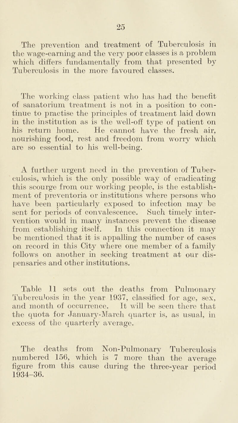 The prevention and treatment of Tuberculosis in the wage-earning and the very poor classes is a problem which differs fundamentally from that presented by Tuberculosis in the more favoured classes. The working class patient who lias had the benefit of sanatorium treatment is not in a position to con- tinue to practise the principles of treatment laid down in the institution as is the well-off type of patient on his return home. He cannot have the fresh air, nourishing food, rest and freedom from worry which are so essential to his well-being. A further urgent need in the prevention of Tuber- culosis, which is the only possible way of eradicating this scourge from our working people, is the establish- ment of preventoria or institutions where persons who have been particularly exposed to infection may be sent for periods of convalescence. Such timely inter- vention would in many instances prevent the disease from establishing itself. In this connection it may be mentioned that it is appalling the number of cases on record in this City where one member of a family follows on another in seeking treatment at our dis- pensaries and other institutions. Table 11 sets out the deaths from Pulmonary Tuberculosis in the year 1937, classified for age, sex, and month of occurrence. It will be seen there that the quota for January-Marcli quarter is, as usual, in excess of the quarterly average. The deaths from Non-Pulmonary Tuberculosis numbered 156, which is 7 more than the average figure from this cause during the three-year period 1934-36.