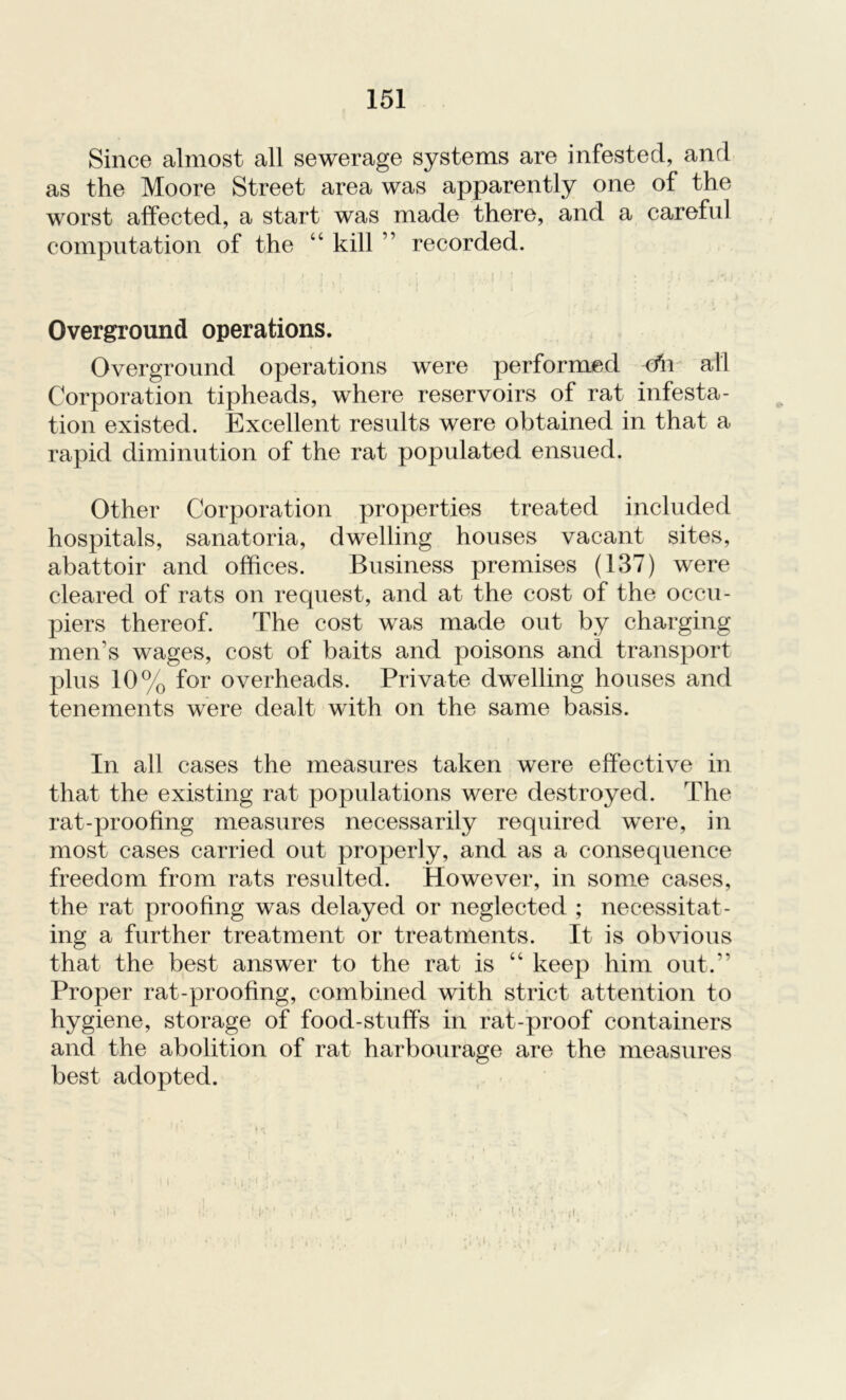 Since almost all sewerage systems are infested, and as the Moore Street area was apparently one of the worst affected, a start was made there, and a careful computation of the “ kill ” recorded. Overground operations. Overground operations were performed all Corporation tipheads, where reservoirs of rat infesta- tion existed. Excellent results were obtained in that a rapid diminution of the rat populated ensued. Other Corporation properties treated included hospitals, sanatoria, dwelling houses vacant sites, abattoir and offices. Business premises (137) were cleared of rats on request, and at the cost of the occu- piers thereof. The cost was made out by charging men’s wages, cost of baits and poisons and transport plus 10% for overheads. Private dwelling houses and tenements were dealt with on the same basis. In all cases the measures taken were effective in that the existing rat populations were destroyed. The rat-proofing measures necessarily required were, in most cases carried out properly, and as a consequence freedom from rats resulted. However, in some cases, the rat proofing was delayed or neglected ; necessitat- ing a further treatment or treatments. It is obvious that the best answer to the rat is “ keep him out.’1 Proper rat-proofing, combined with strict attention to hygiene, storage of food-stuff’s in rat-proof containers and the abolition of rat harbourage are the measures best adopted.