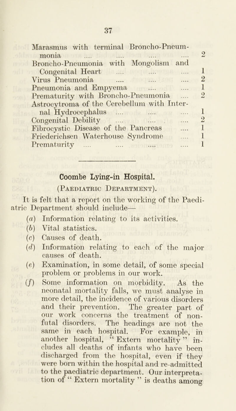 Marasmus with terminal Broncho-Pneum- monia .... .... .... .... 2 Broncho-Pneumonia with Mongolism and Congenital Heart .... .... .... 1 Virus Pneumonia .... .... .... 2 Pneumonia and Empyema .... .... 1 Prematurity with Broncho-Pneumonia .... 2 Astrocytroina of the Cerebellum with Inter- nal Hydrocephalus .... .... .... 1 Congenital Debility .... .... .... 2 Fibrocystic Disease of the Pancreas .... 1 Friederichsen Waterhouse Syndrome .... 1 Prematurity .... .... .... .... 1 Coombe Lying-in Hospital. (Paediatric Department). It is felt that a report on the working of the Paedi- atric Department should include— (a) Information relating to its activities. (b) Vital statistics. (c) Causes of death. (d) Information relating to each of the major causes of death. (e) Examination, in some detail, of some special problem or problems in our work. (/) Some information on morbidity. As the neonatal mortality falls, we must analyse in more detail, the incidence of various disorders and their prevention. The greater part of our work concerns the treatment of non- futal disorders. The headings are not the same in each hospital. For example, in another hospital, “ Extern mortality ” in- cludes all deaths of infants who have been discharged from the hospital, even if they were born within the hospital and re-admitted to the paediatric department. Our interpreta- tion of “ Extern mortality ” is deaths among