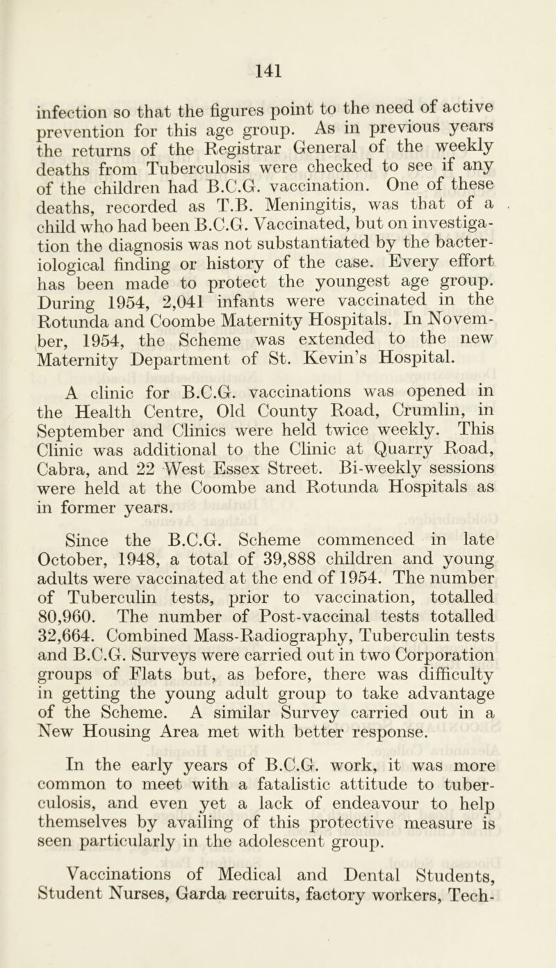 infection so that the figures point to the need of active prevention for this age group. As in previous yeais the returns of the Registrar General of the weekly deaths from Tuberculosis were checked to see if any of the children had B.C.G. vaccination. One of these deaths, recorded as T.B. Meningitis, was that of a child who had been B.C.G. Vaccinated, but on investiga- tion the diagnosis was not substantiated by the bacter- iological finding or history of the case. Every effort has been made to protect the youngest age group. During 1954, 2,041 infants were vaccinated in the Rotunda and Coombe Maternity Hospitals. In Novem- ber, 1954, the Scheme was extended to the new Maternity Department of St. Kevin’s Hospital. A clinic for B.C.G. vaccinations was opened in the Health Centre, Old County Road, Crumlin, in September and Clinics were held twice weekly. This Clinic was additional to the Clinic at Quarry Road, Cabra, and 22 West Essex Street. Bi-weekly sessions were held at the Coombe and Rotunda Hospitals as in former years. Since the B.C.G. Scheme commenced in late October, 1948, a total of 39,888 children and young adults were vaccinated at the end of 1954. The number of Tuberculin tests, prior to vaccination, totalled 80,960. The number of Post-vaccinal tests totalled 32,664. Combined Mass-Radiography, Tuberculin tests and B.C.G. Surveys were carried out in two Corporation groups of Flats but, as before, there was difficulty in getting the young adult group to take advantage of the Scheme. A similar Survey carried out in a New Housing Area met with better response. In the early years of B.C.G. work, it was more common to meet with a fatalistic attitude to tuber- culosis, and even yet a lack of endeavour to help themselves by availing of this protective measure is seen particularly in the adolescent group. Vaccinations of Medical and Dental Students, Student Nurses, Garda recruits, factory workers, Tech-