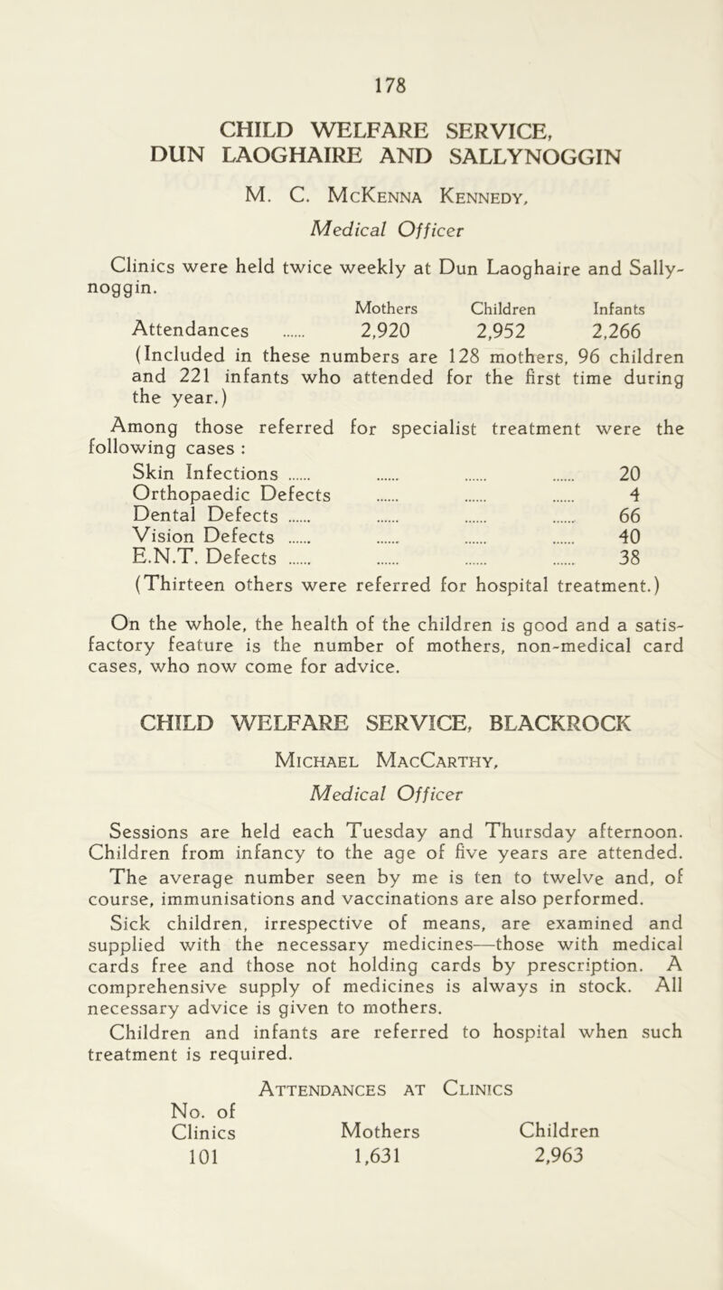 CHILD WELFARE SERVICE, DUN LAOGHAIRE AND SALLYNOGGIN M. C. McKenna Kennedy, Medical Officer Clinics were held twice weekly at Dun Laoghaire and Sally- noggin. Mothers Children Infants Attendances 2,920 2,952 2,266 (Included in these numbers are 128 mothers, 96 children and 221 infants who attended for the first time during the year.) Among those referred for specialist treatment were the following cases : Skin Infections 20 Orthopaedic Defects 4 Dental Defects 66 Vision Defects 40 E.N.T. Defects 38 (Thirteen others were referred for hospital treatment.) On the whole, the health of the children is good and a satis- factory feature is the number of mothers, non-medical card cases, who now come for advice. CHILD WELFARE SERVICE, BLACKROCK Michael MacCarthy, Medical Officer Sessions are held each Tuesday and Thursday afternoon. Children from infancy to the age of five years are attended. The average number seen by me is ten to twelve and, of course, immunisations and vaccinations are also performed. Sick children, irrespective of means, are examined and supplied with the necessary medicines—those with medical cards free and those not holding cards by prescription. A comprehensive supply of medicines is always in stock. All necessary advice is given to mothers. Children and infants are referred to hospital when such treatment is required. Attendances at Clinics No. of Clinics Mothers Children 101 1,631 2,963