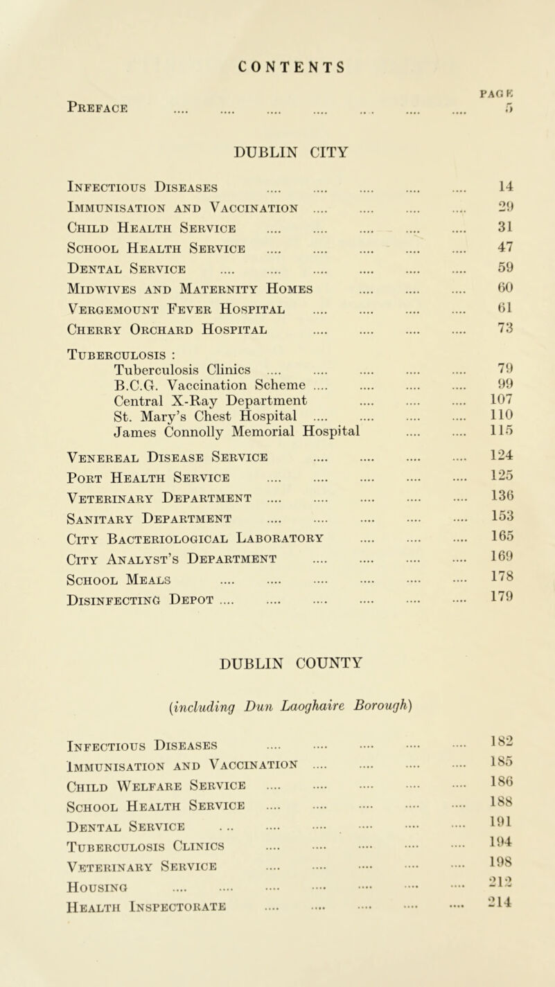 CONTENTS PAG K Preface 5 DUBLIN CITY Infectious Diseases 14 Immunisation and Vaccination 29 Child Health Service 31 School Health Service 47 Dental Service 59 Midwives and Maternity Homes 60 Vergemount Fever Hospital 61 Cherry Orchard Hospital .... 73 Tuberculosis : Tuberculosis Clinics .... .... .... .... .... 79 B.C.G. Vaccination Scheme .... .... .... .... 99 Central X-Ray Department .... .... .... 107 St. Mary’s Chest Hospital .... .... .... .... 110 James Connolly Memorial Hospital .... .... 115 Venereal Disease Service .... .... .... .... 124 Port Health Service .... 125 Veterinary Department .... .... .... .... .... 136 Sanitary Department .... .... .... .... ... 153 City Bacteriological Laboratory .... .... .... 165 City Analyst’s Department 169 School Meals .... .... .... .... •••• •••• 178 Disinfecting Depot 179 DUBLIN COUNTY (■including Dun Laoghaire Borough) Infectious Diseases .... .... •• •••• •— 182 Immunisation and Vaccination .... .... .... .... 185 Child Welfare Service 186 School Health Service 188 Dental Service Tuberculosis Clinics .... .... •••• •— •••• 194 Veterinary Service Housing ~l,w Health Inspectorate -11!