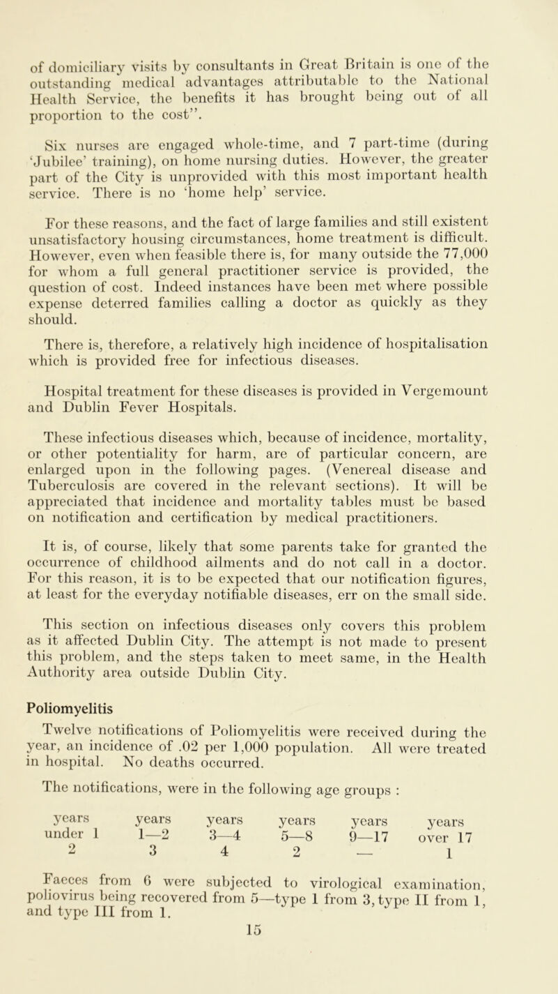 of domiciliary visits by consultants in Great llritain is one of the outstanding medical advantages attributable to the National Health Service, the benefits it has brought being out of all proportion to the cost”. Six nurses are engaged whole-time, and 7 part-time (during ‘Jubilee’ training), on home nursing duties. However, the greater part of the City is unprovided with this most important health service. There is no ‘home help’ service. For these reasons, and the fact of large families and still existent unsatisfactory housing circumstances, home treatment is difficult. However, even when feasible there is, for many outside the 77,000 for whom a full general practitioner service is provided, the question of cost. Indeed instances have been met where possible expense deterred families calling a doctor as quickly as they should. There is, therefore, a relatively high incidence of hospitalisation which is provided free for infectious diseases. Hospital treatment for these diseases is provided in Vergemount and Dublin Fever Hospitals. These infectious diseases which, because of incidence, mortality, or other potentiality for harm, are of particular concern, are enlarged upon in the following pages. (Venereal disease and Tuberculosis are covered in the relevant sections). It will be appreciated that incidence and mortality tables must be based on notification and certification by medical practitioners. It is, of course, likely that some parents take for granted the occurrence of childhood ailments and do not call in a doctor. For this reason, it is to be expected that our notification figures, at least for the everyday notifiable diseases, err on the small side. This section on infectious diseases only covers this problem as it affected Dublin City. The attempt is not made to present this problem, and the steps taken to meet same, in the Health Authority area outside Dublin City. Poliomyelitis Twelve notifications of Poliomyelitis were received during the year, an incidence of .02 per 1,000 population. All were treated in hospital. No deaths occurred. The notifications, were in the following age groups : years years years years years years under 1 1—2 3—4 5—8 9—17 over 17 2 3 4 2 — 1 Faeces from G were subjected to virological examination, poliovirus being recovered from 5—type 1 from 3, type II from 1 and type III from 1.