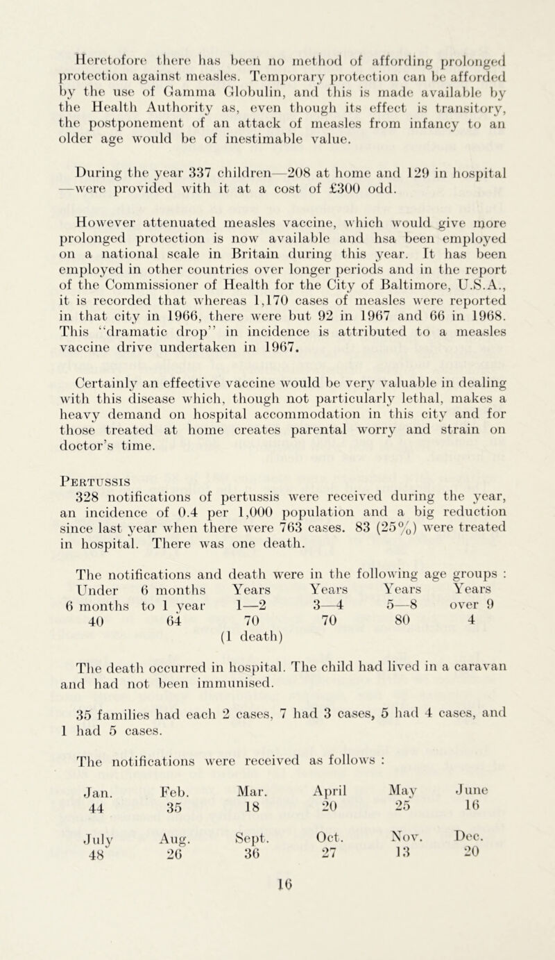 Heretofore there has been no method of affording prolonged protection against measles. Temporary protection can be afforded by the use of Gamma Globulin, and this is made available by the Health Authority as, even though its effect is transitory, the postponement of an attack of measles from infancy to an older age would be of inestimable value. During the year 337 children—208 at home and 129 in hospital —were provided with it at a cost of £300 odd. However attenuated measles vaccine, which would give more prolonged protection is now available and hsa been employed on a national scale in Britain during this year. It has been employed in other countries over longer periods and in the report of the Commissioner of Health for the City of Baltimore, U.S.A., it is recorded that whereas 1,170 cases of measles were reported in that city in 1966, there were but 92 in 1967 and 66 in 1968. This “dramatic drop” in incidence is attributed to a measles vaccine drive undertaken in 1967. Certainly an effective vaccine would be very valuable in dealing with this disease which, though not particularly lethal, makes a heavy demand on hospital accommodation in this city and for those treated at home creates parental worry and strain on doctor’s time. Pertussis 328 notifications of pertussis were received during the year, an incidence of 0.4 per 1,000 population and a big reduction since last year when there were 763 cases. 83 (25%) were treated in hospital. There was one death. The notifications and death were in the following age groups : Under 6 months Years Years Years Years 6 months to 1 year 1—2 3—4 5—8 over 9 40 64 70 70 80 4 (1 death) The death occurred in hospital. The child had lived in a caravan and had not been immunised. 35 families had each 2 cases, 7 had 3 cases, 5 had 4 cases, and 1 had 5 cases. The notifications were received as follows : Jan. Feb. Mar. April May J une 44 35 18 20 25 16 July Aug. Sept. Oct. Nov. Dec. 48 26 36 27 13 20