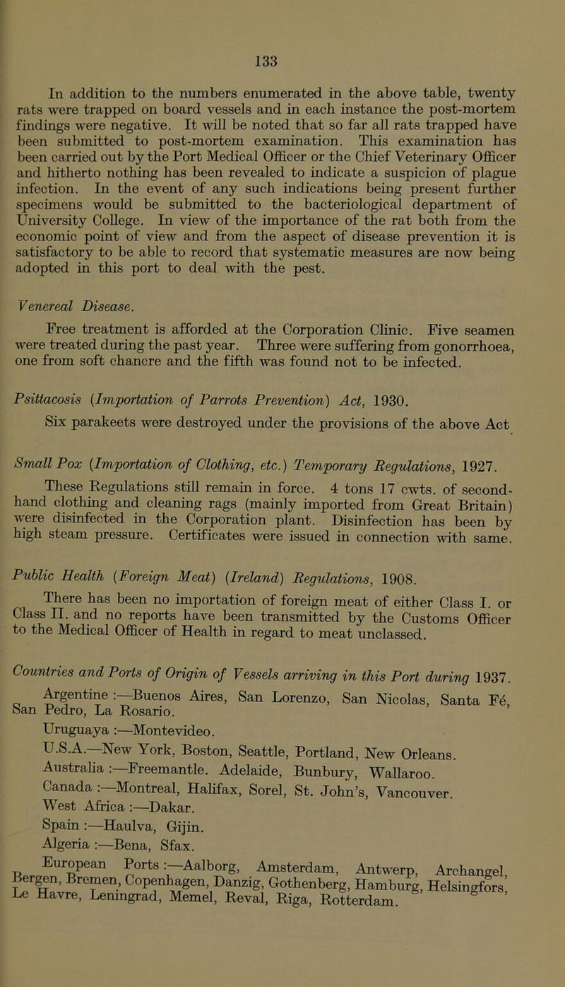 In addition to the numbers enumerated in the above table, twenty rats were trapped on board vessels and in each instance the post-mortem findings were negative. It will be noted that so far all rats trapped have been submitted to post-mortem examination. This examination has been carried out by the Port Medical Officer or the Chief Veterinary Officer and hitherto nothing has been revealed to indicate a suspicion of plague infection. In the event of any such indications being present further specimens would be submitted to the bacteriological department of University College. In view of the importance of the rat both from the economic point of view and from the aspect of disease prevention it is satisfactory to be able to record that systematic measures are now being adopted in this port to deal with the pest. Venereal Disease. Free treatment is afforded at the Corporation Clinic. Five seamen were treated during the past year. Three were suffering from gonorrhoea, one from soft chancre and the fifth was found not to be infected. Psittacosis (Importation of Parrots Prevention) Act, 1930. Six parakeets were destroyed under the provisions of the above Act Small Pox (Importation of Clothing, etc.) Temporary Regulations, 1927. These Regulations still remain in force. 4 tons 17 cwts. of second- hand clothing and cleaning rags (mainly imported from Great Britain) were disinfected in the Corporation plant. Disinfection has been by high steam pressure. Certificates were issued in connection with same. Public Health (Foreign Meat) (Ireland) Regulations, 1908. There has been no importation of foreign meat of either Class I. or Class II. and no reports have been transmitted by the Customs Officer to the Medical Officer of Health in regard to meat unclassed. Countries and Ports of Origin of Vessels arriving in this Port during 1937. Argentine Buenos Aires, San Lorenzo, San Nicolas, Santa Fe, San Pedro, La Rosario. Uruguaya :—Montevideo. U.S.A.—New York, Boston, Seattle, Portland, New Orleans. Australia: Freemantle. Adelaide, Bunbury, Wallaroo. Canada —Montreal, Halifax, Sorel, St. John’s, Vancouver. West Africa :—Dakar. Spain :—Haulva, Gijin. Algeria :—Bena, Sfax. TWr,E'irRPean n°rtS :~Aalb°rg’ Amsterdam, Antwerp, Archangel, Bergen, Bremen Copenhagen, Danzig, Gothenberg, Hamburg, Helsingfors Le Havre, Leningrad, Memel, Reval, Riga, Rotterdam.