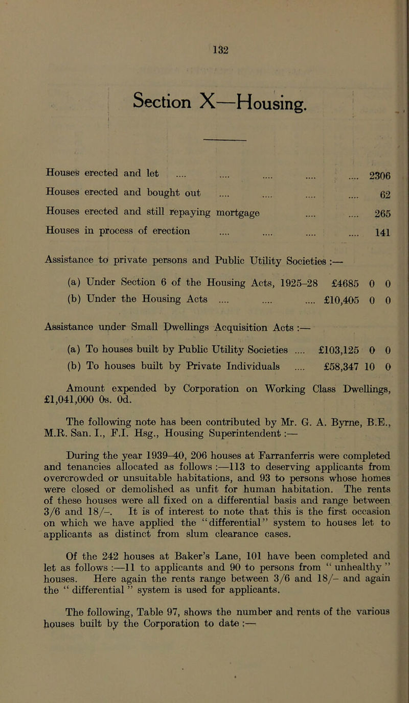 Section X—Housing. Houses erected and let Houses erected and bought out Houses erected and still repaying mortgage Houses in process of erection 2306 265 141 62 Assistance to private persons and Public Utility Societies :— (a) Under Section 6 of the Housing Acts, 1925-28 £4685 0 0 Assistance under Small Dwellings Acquisition Acts :— (a) To houses built by Public Utility Societies .... £103,125 0 0 (b) To houses built by Private Individuals .... £58,347 10 0 Amount expended by Corporation on Working Class Dwellings, £1,041,000 0s. Od. The following note has been contributed by Mr. G. A. Byrne, B.E., M.R. San. I., F.I. Hsg., Housing Superintendent:— During the year 1939-40, 206 houses at Farranferris were completed and tenancies allocated as follows :—113 to deserving applicants from overcrowded or unsuitable habitations, and 93 to persons whose homes were closed or demolished as unfit for human habitation. The rents of these houses were all fixed on a differential basis and range between 3/6 and 18/-. It is of interest to note that this is the first occasion on which we have applied the “differential” system to houses let to applicants as distinct from slum clearance cases. Of the 242 houses at Baker’s Lane, 101 have been completed and let as follows :—11 to applicants and 90 to persons from “ unhealthy ” houses. Here again the rents range between 3/6 and 18/- and again the “ differential ” system is used for applicants. The following, Table 97, shows the number and rents of the various houses built by the Corporation to date :— (b) Under the Housing Acts .... .... £10,405 0 0