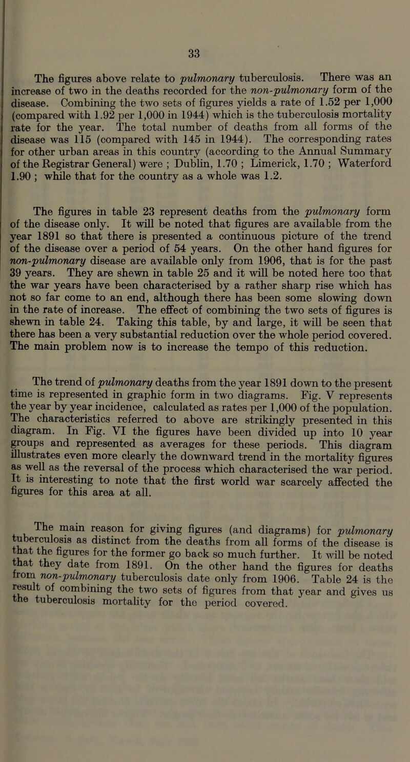 The figures above relate to pulmonary tuberculosis. There was an increase of two in the deaths recorded for the non-pulmonary form of the disease. Combining the two sets of figures yields a rate of 1.52 per 1,000 (compared with 1.92 per 1,000 in 1944) which is the tuberculosis mortality rate for the year. The total number of deaths from all forms of the disease was 115 (compared with 145 in 1944). The corresponding rates for other urban areas in this country (according to the Annual Summary of the Registrar General) were ; Dublin, 1.70 ; Limerick, 1.70 ; Waterford 1.90 ; while that for the country as a whole was 1.2. The figures in table 23 represent deaths from the pulmonary form of the disease only. It will be noted that figures are available from the year 1891 so that there is presented a continuous picture of the trend of the disease over a period of 54 years. On the other hand figures for non-pulmonary disease are available only from 1906, that is for the past 39 years. They are shewn in table 25 and it will be noted here too that the war years have been characterised by a rather sharp rise which has not so far come to an end, although there has been some slowing down in the rate of increase. The effect of combining the two sets of figures is shewn in table 24. Taking this table, by and large, it will be seen that there has been a very substantial reduction over the whole period covered. The main problem now is to increase the tempo of this reduction. The trend of pulmonary deaths from the year 1891 down to the present time is represented in graphic form in two diagrams. Fig. V represents the year by year incidence, calculated as rates per 1,000 of the population. The characteristics referred to above are strikingly presented in this diagram. In Fig. VI the figures have been divided up into 10 year groups and represented as averages for these periods. This diagram illustrates even more clearly the downward trend in the mortality figures as well as the reversal of the process which characterised the war period. It is interesting to note that the first world war scarcely affected the figures for this area at all. The main reason for giving figures (and diagrams) for pulmonary tuberculosis as distinct from the deaths from all forms of the disease is that the figures for the former go back so much further. It will be noted that they date from 1891. On the other hand the figures for deaths from non-pulmonary tuberculosis date only from 1906. Table 24 is the result of combining the two sets of figures from that year and gives us ne tuberculosis mortality for the period covered.