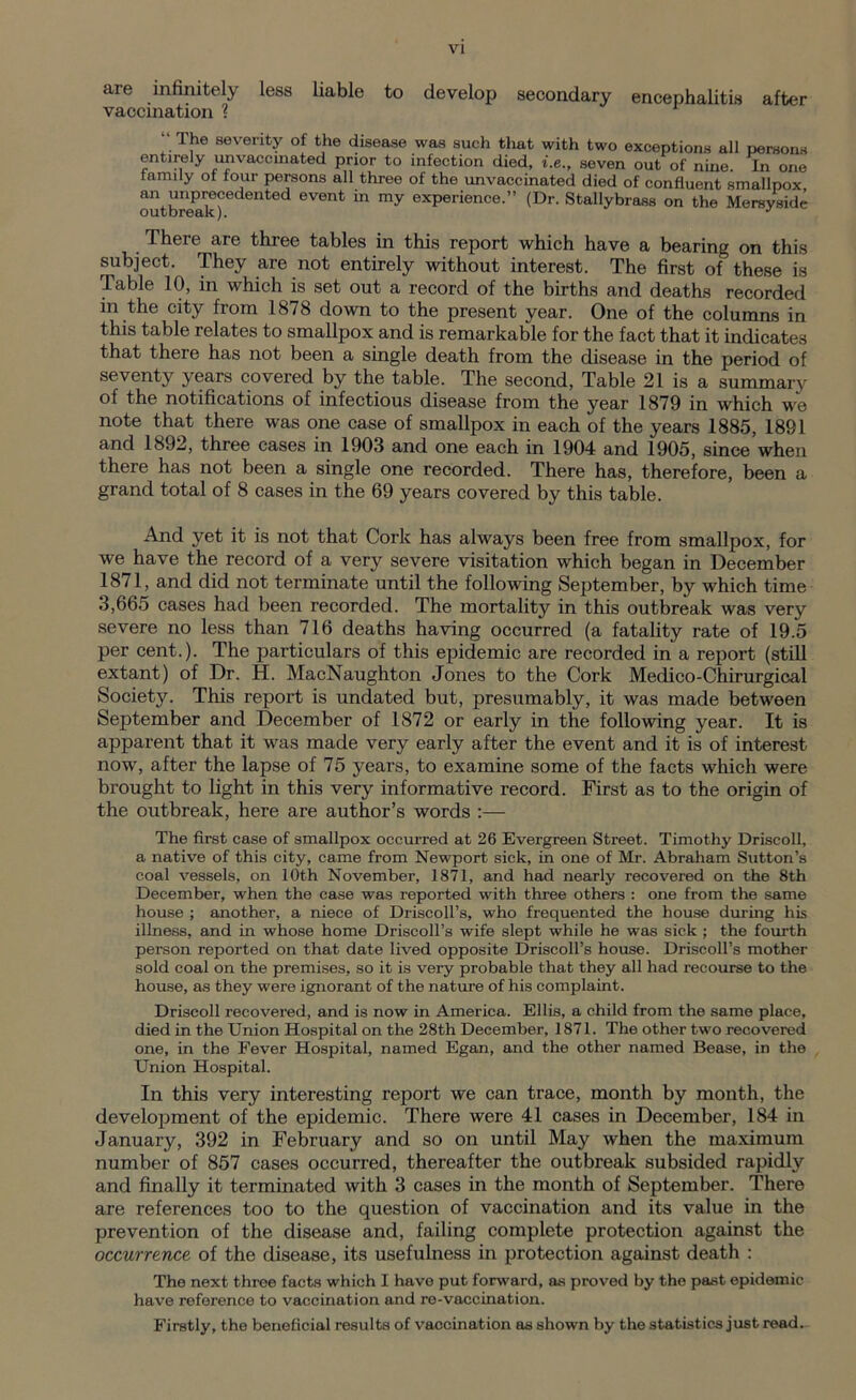 are infinitely less liable to develop secondary encephalitis after vaccination ? “ TJle sevelity of the disease was such that with two exceptions all persons entirely unvaccmated prior to infection died, i.e., seven out of nine. In one family of four persons all three of the unvaccinated died of confluent smallpox outbreak)iedented 6V6nt ^ my exPerience-” (Dr- Stallybrass on the Mersyside There are three tables in this report which have a bearing on this subject. They are not entirely without interest. The first of these is Table 10, in which is set out a record of the births and deaths recorded in the city from 1878 down to the present year. One of the columns in this table relates to smallpox and is remarkable for the fact that it indicates that there has not been a single death from the disease in the period of seventy years covered by the table. The second, Table 21 is a summary of the notifications of infectious disease from the year 1879 in which we note that there was one case of smallpox in each of the years 1885, 1891 and 1892, three cases in 1903 and one each in 1904 and 1905, since’when there has not been a single one recorded. There has, therefore, been a grand total of 8 cases in the 69 years covered by this table. And yet it is not that Cork has always been free from smallpox, for we have the record of a very severe visitation which began in December 1871, and did not terminate until the following September, by which time 3,66o cases had been recorded. The mortality in this outbreak was very severe no less than 716 deaths having occurred (a fatality rate of 19.5 per cent.). The particulars of this epidemic are recorded in a report (still extant) of Dr. H. MacNaughton Jones to the Cork Medico-Chirurgical Society. This report is undated but, presumably, it was made between September and December of 1872 or early in the following year. It is apparent that it was made very early after the event and it is of interest now, after the lapse of 75 years, to examine some of the facts which were brought to light in this very informative record. First as to the origin of the outbreak, here are author’s words :— The first case of smallpox occurred at 26 Evergreen Street. Timothy Driscoll, a native of this city, came from Newport sick, in one of Mr. Abraham Sutton’s coal vessels, on 10th November, 1871, and had nearly recovered on the 8th December, when the ease was reported with three others : one from the same house ; another, a niece of Driscoll’s, who frequented the house during his illness, and in whose home Driscoll’s wife slept while he was sick ; the fourth person reported on that date lived opposite Driscoll’s house. Driscoll’s mother sold coal on the premises, so it is very probable that they all had recourse to the house, as they were ignorant of the nature of his complaint. Driscoll recovered, and is now in America. Ellis, a child from the same place, died in the Union Hospital on the 28th December, 1871. The other two recovered one, in the Fever Hospital, named Egan, and the other named Bease, in the Union Hospital. In this very interesting report we can trace, month by month, the development of the epidemic. There were 41 cases in December, 184 in January, 392 in February and so on until May when the maximum number of 857 cases occurred, thereafter the outbreak subsided rapidly and finally it terminated with 3 cases in the month of September. There are references too to the question of vaccination and its value in the prevention of the disease and, failing complete protection against the occurrence of the disease, its usefulness in protection against death : The next three facts which I have put forward, as proved by the past epidemic have reference to vaccination and re-vaccination. Firstly, the beneficial results of vaccination as shown by the statistics just read.