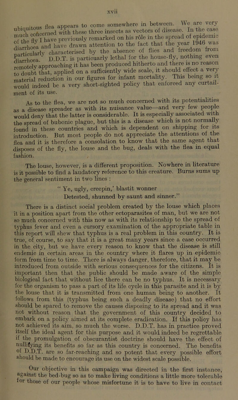 Kirmitous flea appears to come somewhere in between. We are very Ub Pb concerned with these three insects as vectors of disease. In the case A flv T have previously remarked on his role in the spread of epidemic dLrrhoea and haw drawn attention to the fact that the year 1946 was rticularly characterised by the absence of flies and freedom from 5 frrbnea D D T. is particuarly lethal for the house-fly, nothing even remotely approaching it has been produced hitherto and there is no reason doubt that, applied on a sufficiently wide scale, it should effect a very material reduction in our figures for infant mortality. This being so it would indeed be a very short-sighted policy that enforced any curtail- ment of its use. As to the flea, we are not so much concerned with its potentialities as a disease spreader as with its nuisance value—and very few people would deny that the latter is considerable. It is especially associated with the spread of bubonic plague, but this is a disease which is not normally found in these countries and which is dependent on shipping for its introduction. But most people do not appreciate the attentions of the flea and it is therefore a consolation to know that the same agent that disposes of the fly, the louse and the bug, deals with the flea in equal fashion. The louse, however, is a different proposition. Nowhere in literature is it possible to find a laudatory reference to this creature. Burns sums up the general sentiment in two lines : “ Ye, ugly, creepin,’ blastit wonner Detested, shunned by saunt and sinner.” There is a distinct social problem created by the louse which places it in a position apart from the other ectoparasites of man, but we are not so much concerned with this now as with its relationship to the spread of typhus fever and even a cursory examination of the appropriate table in this report will shew that typhus is a real problem in this country. It is true, of course, to say that it is a great many years since a case occurred in the city, but we have every reason to know that the disease is still endemic in certain areas in the country where it flares up in epidemic form from time to time. There is always danger, therefore, that it may be introduced from outside with serious consequences for the citizens. It is important then that the public should be made aware of the simple biological fact that -without lice there can be no typhus. It is necessary for the organism to pass a part of its life cycle in this parasite and it is by the louse that it is transmitted from one human being to another. It follows from this (typhus being such a deadly disease) that no effort should be spared to remove the causes disposing to its spread and it was not without reason that the government of this country decided to embark on a policy aimed at its complete eradication. If this policy has not achieved its aim, so much the worse. D.D.T. has in practice proved itself the ideal agent for this purpose and it would indeed be regrettable if the promulgation of obscurantist doctrine should have the effect of nullifying its benefits so far as this country is concerned. The benefits D.D.T. are so far-reaching and so potent that every possible effort should be made to encourage its use on the widest scale possible. Our objective in this campaign was directed in the first instance, against the bed-bug so as to make living conditions a little more tolerable for those of our people whose misfortune it is to have to live in contact