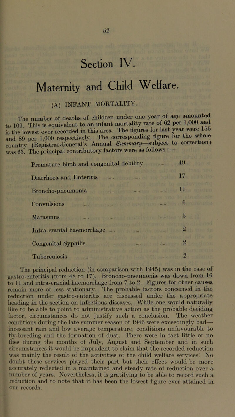 Section IV. Maternity and Child Welfare. (A) INFANT MORTALITY. The number of deaths of children under one year of age amoxmted to 109. This is equivalent to an infant mortality rate of 62 per 1,000 an is the lowest ever recorded in this area. The figures for last year were 156 and 89 per 1,000 respectively. The corresponding figure for the whole country (Registrar-General’s Annual Summary—subject to correction) was 63. The principal contributory factors were as follows Premature birth and congenital debility Diarrhoea and Enteritis Broncho-pneumonia Convulsions Marasmus Intra-cranial haemorrhage Congenital Syphilis Tuberculosis 49 17 11 6 5 2 2 2 The principal reduction (in comparison with 1945) was in the case of gastro-enteritis (from 48 to 17). Broncho-pneumonia was down from 16 to 11 and intra-cranial haemorrhage from 7 to 2. Figures for other causes remain more or less stationary. The probable factors concerned in the reduction under gastro-enteritis are discussed under the appropriate heading in the section on infectious diseases. While one would naturally like to be able to point to administrative action as the probable deciding factor, circumstances do not justify such a conclusion. The weather conditions during the late summer season of 1946 were exceedingly bad— incessant rain and low average temperature, conditions unfavourable to fly-breeding and the formation of dust. There were in fact little or no flies during the months of July, August and September and in such circumstances it would be imprudent to claim that the recorded reduction was mainly the result of the activities of the child welfare services! No doubt these services played their part but their effect would be more accurately reflected in a maintained and steady rate of reduction over a number of years. Nevertheless, it is gratifying to be able to record such a reduction and to note that it has been the lowest figure ever attained in our records.