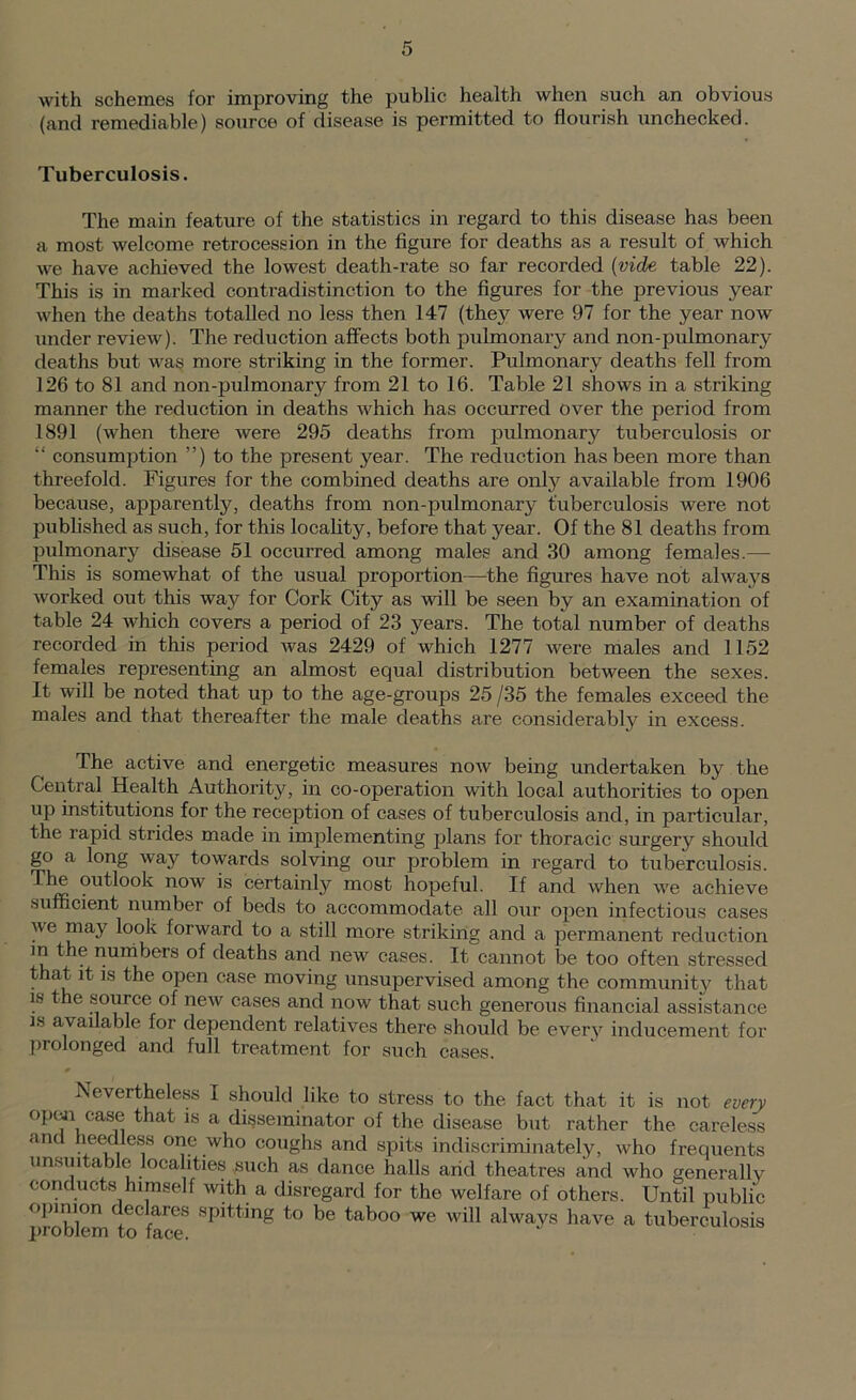 with schemes for improving the public health when such an obvious (and remediable) source of disease is permitted to flourish unchecked. Tuberculosis. The main feature of the statistics in regard to this disease has been a most welcome retrocession in the figure for deaths as a result of which we have achieved the lowest death-rate so far recorded {vide table 22). This is in marked contradistinction to the figures for the previous year when the deaths totalled no less then 147 (they were 97 for the year now under review). The reduction afifects both pulmonary and non-pulmonary deaths but was more striking in the former. Pulmonary deaths fell from 126 to 81 and non-pulmonary from 21 to 16. Table 21 shows in a striking manner the reduction in deaths which has occurred over the period from 1891 (when there were 295 deaths from pulmonary tuberculosis or “ consumption ”) to the present year. The reduction has been more than threefold. Figures for the combined deaths are only available from 1906 because, apparently, deaths from non-pulmonary tuberculosis were not published as such, for this locality, before that year. Of the 81 deaths from pulmonary disease 51 occurred among males and 30 among females.— This is somewhat of the usual proportion—the figures have not always worked out this way for Cork City as will be seen by an examination of table 24 which covers a period of 23 years. The total number of deaths recorded in this period was 2429 of which 1277 were males and 1152 females representing an almost equal distribution between the sexes. It will be noted that up to the age-groups 25 /35 the females exceed the males and that thereafter the male deaths are considerably in excess. The active and energetic measures now being undertaken by the Central Health Authority, in co-operation with local authorities to open up institutions for the reception of cases of tuberculosis and, in particular, the rapid strides made in implementing plans for thoracic surgery should go a long way towards solving our problem in regard to tuberculosis. The outlook now is certainly most hopeful. If and when we achieve sufficient number of beds to accommodate all our open infectious cases we may look forward to a still more striking and a permanent reduction m the nurtibers of deaths and new cases. It cannot be too often stressed that it is the open case moving unsupervised among the community that IS the source of new cases and now that such generous financial assistance IS available for dependent relatives there should be every inducement for prolonged and full treatment for such cases. Nevertheless I should like to stress to the fact that it is not every opur case that is a disseminator of the disease but rather the careless and heedless one who coughs and spits indiscriminately, who frequents un.suitable localities such as dance halls arid theatres and who generally conducts himself with a disregard for the welfare of others. Until public oiiinion declares spitting to be taboo we will always have a tuberculosis Droblem to ta.r'p