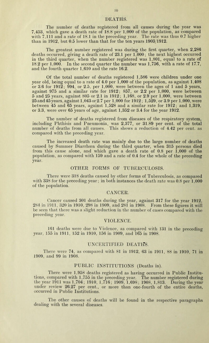 DEATHS. The number of deaths registered from all causes during the year was 7,453, which gave a death rate of 18.8 per 1,000 of the population, as compared with 7,111 and a rate of 18.1 in the preceding year. The rate was thus 0.7 higher than in 1912, but 0.5 lower than that for the ten years 1903/1912. The greatest number registered was during the hrst quarter, when 2,286 deaths occurred, giving a death rate of 23.1 per 1,000; the next highest occurred in the third quarter, when the number registered was 1,801, equal to a rate of 18.2 per 1,000. In the second quarter the number was 1,756, with a rate of 17.7, and the fourth quarter 1,610 and the rate 16.2. Of the total number of deaths registered 1,586 were children under one year old, being equal to a rate of 4.0 per 1,000 of the population, as against 1,408 or 3.6 for 1912; 994, or 2.5, per 1,000, were between the ages of 1 and 5 years, against 975 and a similar rate for 1912; 857, or 2.2 per 1,000, were between 5 and 25 years, against 805 or 2.1 in 1912; 1,168, or 2.9 per 1,000, were between 25and45years, against 1,043 or2.7 per 1,000 for 1912; 1,529, or 3.9 per 1,000, were between 45 and 65 years, against 1,528 and a similar rate for 1912; and 1,319, or 3.3, were over 65 years of age, against 1,352 or 3.4 for the year 1912. The number of deaths registered from diseases of the respiratory system, including Phthisis and Pneumonia, was 2,377, or 31.89 per cent, of the total number of deaths from all causes. This shows a reduction of 4.42 per cent, as compared with the preceding year. The increased death rate was mainly due to the large number of deaths caused by Summer Diarrhoea during the third quarter, when 315 persons died from this cause alone, and which gave a death rate of 0.8 per 1,000 of the population, as compared with 159 and a rate of 0.4 for the whole of the preceding year. OTHER FORMS OF TUBERCULOSIS. There were 318 deaths caused by other forms of Tuberculosis, as compared with 338 for the preceding year; in both instances the death rate was 0.8 per 1,000 of the population. CANCER. Cancer caused 301 deaths during the year, against 317 for the year 1912, 284 in 1911, 320 in 1910, 298 in 1909, and 281 in 1908. From these figures it will be seen that there was a slight reduction in the number of cases compared with the preceding year. VIOLENCE. 161 deaths were due to Violence, as compared with 131 in the preceding year, 155 in 1911, 152 in 1910, 156 in 1909, and 165 in 1908. UNCERTIFIED DEATH'S. There were 74, as compared with 81 in 1912, 63 in 1911, 88 in 1910, 71 in 1909, and 99 in 1908. PUBLIC INSTITUTIONS (Deaths in). There were 1,958 deaths registered as having occurred in Public Institu- tions, compared with 1,755 in the preceding year. The number registered during the year 1911 was 1,704; 1910, 1,716; 1909, 1,698; 1908, 1,813. During the year under review 26.27 per cent., or more than one-fourth of the entire deaths, occurred in Public Institutions. The other causes of deaths will be found in the respective paragraphs dealing with the several diseases.