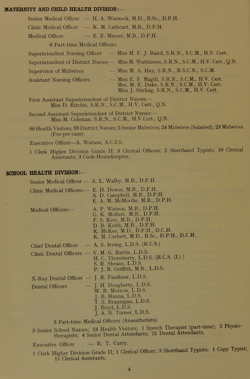 MATERNITY AND CHILD HEALTH DIVISION:— Senior Medical Officer — H. A. Warnock, M.D., B.Sc., D.P.H. Clinic Medical Officer — K. M. Cathcart, M.B., D.P.H. Medical Officer — E. E. Mercer, M.B., D.P.H. 6 Part-time Medical Officers. Superintendent Nursing Officer — Miss M. F. J. Baird, S.R.N., S.C.M., H.V. Cert. Superintendent of District Nurses — Miss M. Watkinson, S.R.N., S.C.M., H.V. Cert., Q.N. Supervisor of Midwives — Miss M. A. Hay, S.R.N., R.S.C.N., S.C.M. Assistant Nursing Officers — Miss E. F. Magill, S.R.N., S.C.M., H.V. Cert. Mrs. M. E. Duke, S.R.N., S.C.M., H.V. Cert. Miss J. Stirling, S.R.N., S.C.M., H.V. Cert. First Assistant Superintendent of District Nurses:— Miss D. Ritchie, S.R.N., S.C.M., H.V. Cert., Q.N. Second Assistant Superintendent of District Nurses:— Miss M. Coleman, S.R.N., S.C.M., H.V.Cert., Q.N. 59 Health Visitors; 55 District Nurses; 2 Senior Midwives; 24 Midwives (Salaried); 23 Midwives (Fee-per-case). Executive Officer—A. Watson, A.C.I.S. 1 Clerk Higher Division Grade II; 3 Clerical Officers; 2 Shorthand Typists; 16 Clerical Assistants; 3 Cook-Housekeepers. SCHOOL HEALTH DIVISION:— Senior Medical Officer — Clinic Medical Officers:— Medical Officers:— Chief Dental Officer — A. L. Walby, M.B., D.P.H. E. H. Dowse, M.B., D.P.H. A. D. Campbell, M.B., D.P.H. E. A. M. McMordie, M.B., D.P.H. A. P. Watson, M.B., D.P.H. G. K. Moffatt, M.B., D.P.H. P. S. Kerr, M.B., D.P.H. D. B. Keith, M.B., D.P.H. K. McKee, M.D., D.P.H., D.C.H. K. M. Corbett, M.D., B.Sc., D.P.H., D.C.H. A. S. Irving, L.D.S. (R.C.S.) Clinic Dental Officers X-Ray Dental Officer Dental Officers V. M. G. Rattie, L.D.S. H. C. Thornberry, L.D.S. (R.C.S. (I.) ) S. R. Sheane, L.D.S. P. J. R. Griffith, M.B., L.D.S. J. R. Faulkner, L.D.S. J. H. Dougherty, L.D.S. W. R. Morrow, L.D.S. J. B. Hanna, L.D.S. T. S. Brannigan, L.D.S. J. Boyd, L.D.S. J. A. N. Turner, L.D.S. 5 Part-time Medical Officers (Anaesthetists) 3 Senior School Nurses; 24 Health Visitors; 1 Speech T1;e[af^ (P^t;time): therapists; 4 Senior Dental Attendants; 21 Dental Attendants. 2 Physio- Executive Officer — R. T. Curry. 1 Clerk Higher Division Grade II; 1 Clerical Officer; 3 Shorthand Typists; 1 Copy Typist; 11 Clerical Assistants.