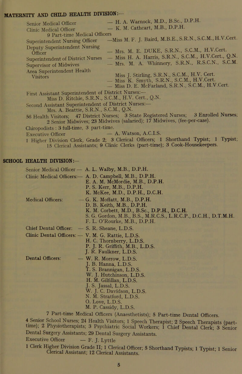 MATERNITY AND CHILD HEALTH DIVISION: Senior Medical Officer - H. A. Warnock, M.D., B.Sc D.P.H. Clinic Medical Officer — K. M. Cathcart, M.B., D. . . 9 Part-time Medical Officers Superintendent Nursing Officer Deputy Superintendent Nursing Officer Superintendent of District Nurses Supervisor of Midwives Area Superintendent Health Visitors -Miss M. F. J. Baird, M.B.E..S.R.N., S.C.M., H.V.Cert. — Mrs. M. E. DUKE, S.R.N., S.C.M., H.V.Cert. — Miss H. A. Harris, S.R.N., S.C.M., H.V.Cert., Q.N. — Mrs. M. A. Whinnery, S.R.N., R.S.C.N., S.C.M. Miss J. Stirling, S.R.N., S.C.M., H.V. Cert. — Miss K. Smyth, S.R.N., S.C.M., H.V.Cert. — Miss D. E. McFarland, S.R.N., S.C.M., H.V.Cert. First Assistant Superintendent of District Nurses:— Miss D. Ritchie, S.R.N., S.C.M., H.V. Cert., Q.N. Second Assistant Superintendent of District Nurses:— Mrs. A. Beattie, S.R.N., S.C.M., Q.N. 56 Health Visitors; 47 District Nurses; 3 State Registered Nurses; 3 Enrolled Nurses; 2 Senior Midwives; 23 Midwives (salaried); 17 Midwives, (fee-per-case). Chiropodists : 3 full-time, 3 part-time. Executive Officer — A. Watson, A.C.I.S. 1 Higher Division Clerk, Grade 2; 3 Clerical Officers; 1 Shorthand Typist; 1 Typist; 15 Clerical Assistants; 9 Clinic Clerks (part-time); 3 Cook-Housekeepers. SCHOOL HEALTH DIVISION:— Senior Medical Officer — A. L. Walby, M.B., D.P.H. Clinic Medical Officers:— A. D. Campbell, M.B., D.P.H. E. A. M. McMordie, M.B., D.P.H. P. S. Kerr, M.B., D.P.H. K. McKee, M.D., D.P.H., D.C.H. Medical Officers: — G. K. Moffatt, M.B., D.P.H. D. B. Keith, M.B., D.P.H. K. M. Corbett, M.D., B.Sc., D.P.H., D.C.H. S. G. Gordon, M.B., B.S., M.R.C.S., L.R.C.P., D.C.H., D.T.M.H. F. L. O’Rourke, M.B., D.P.H. Chief Dental Officer: — S. R. Sheane, L.D.S. Clinic Dental Officers: — V. M. G. Rattie, L.D.S. H. C. Thornberry, L.D.S. P. J. R. Griffith, M.B., L.D.S. J. R. Faulkner, L.D.S. Dental Officers: — W. R. Morrow, L.D.S. J. B. Hanna, L.D.S. T. S. Brannigan, L.D.S. W. J. Hutchinson, L.D.S. H. M. Gilfillan, L.D.S. J. S. Jassal, L.D.S. W. J. C. Davidson, L.D.S. N. M. Stratford, L.D.S. O. Love, L.D.S. M. P. Cassidy, L.D.S. 7 Part-time Medical Officers (Anaesthetists); 5 Part-time Dental Officers. 4 Senior School Nurses; 24 Health Visitors; 1 Speech Therapist; 2 Speech Therapists (part- time); 2 Physiotherapists; 3 Psychiatric Social Workers; 1 Chief Dental Clerk; 3 Senior Dental Surgery Assistants; 29 Dental Surgery Assistants. Executive Officer — F. J. Lyttle 1 Clerk Higher Division Grade II; 1 Clerical Officer; 5 Shorthand Typists; 1 Typist■ 1 Senior Clerical Assistant; 12 Clerical Assistants.