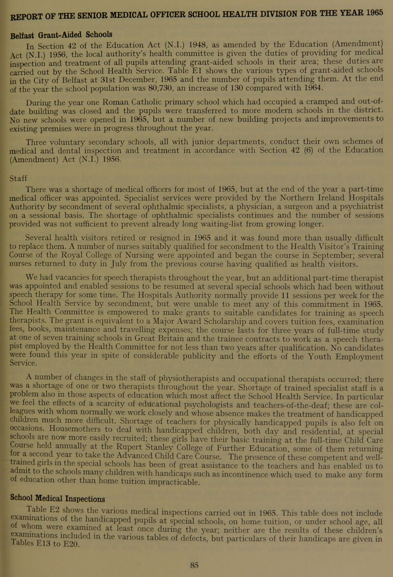 REPORT OF THE SENIOR MEDICAL OFFICER SCHOOL HEALTH DIVISION FOR THE YEAR 1965 Belfast Grant-Aided Schools In Section 42 of the Education Act (N.I.) 1948, as amended by the Education (Amendment) Act (N.I.) 1956, the local authority’s health committee is given the duties of providing for medical inspection and treatment of all pupils attending grant-aided schools in their area; these duties are carried out by the School Health Service. Table El shows the various types of grant-aided schools in the City of Belfast at 31st December, 1965 and the number of pupils attending them. At the end of the year the school population was 80,730, an increase of 130 compared with 1964. During the year one Roman Catholic primary school which had occupied a cramped and out-of- date building was closed and the pupils were transferred to more modern schools in the district. No new schools were opened in 1965, but a number of new building projects and improvements to existing premises were in progress throughout the year. Three voluntary secondary schools, all with junior departments, conduct their own schemes of medical and dental inspection and treatment in accordance with Section 42 (6) of the Education (Amendment) Act (N.I.) 1956. Staff There was a shortage of medical officers for most of 1965, but at the end of the year a part-time medical officer was appointed. Specialist services were provided by the Northern Ireland Hospitals Authority by secondment of several ophthalmic specialists, a physician, a surgeon and a psychiatrist on a sessional basis. The shortage of ophthalmic specialists continues and the number of sessions provided was not sufficient to prevent already long waiting-list from growing longer. Several health visitors retired or resigned in 1965 and it was found more than usually difficult to replace them. A number of nurses suitably qualified for secondment to the Health Visitor’s Training Course of the Royal College of Nursing were appointed and began the course in September; several nurses returned to duty in July from the previous course having qualified as health visitors. We had vacancies for speech therapists throughout the year, but an additional part-time therapist was appointed and enabled sessions to be resumed at several special schools which had been without speech therapy for some time. The Hospitals Authority normally provide 11 sessions per week for the School Health Service by secondment, but were unable to meet any of this commitment in 1965. The Health Committee is empowered to make grants to suitable candidates for training as speech therapists. The grant is equivalent to a Major Award Scholarship and covers tuition fees, examination fees, books, maintenance and travelling expenses; the course lasts for three years of full-time study at one of seven training schools in Great Britain and the trainee contracts to work as a speech thera- pist employed by the Health Committee for not less than two years after qualification. No candidates were found this year in spite of considerable publicity and the efforts of the Youth Employment Service. A number of changes in the staff of physiotherapists and occupational therapists occurred; there was a shortage of one or two therapists throughout the year. Shortage of trained specialist staff is a problem also in those aspects of education which most affect the School Health Service. In particular we feel the effects of a scarcity of educational psychologists and teachers-of-the-deaf; these are col- eagues with whom normally we work closely and whose absence makes the treatment of handicapped children much more difficult. Shortage of teachers for physically handicapped pupils is also felt on occasions. Housemothers to deal with handicapped children, both day and residential, at special schools are now more easily recruited; these girls have their basic training at the full-time Child Care ourse le d annually at the Rupert Stanley College of Further Education, some of them returning or a second year to take the Advanced Child Care Course. The presence of these competent and well- trained girls in the special schools has been of great assistance to the teachers and has enabled us to amit to the schools many children with handicaps such as incontinence which used to make any form i education other than home tuition impracticable. School Medical Inspections E2 shows the various medical inspections carried out in 1965. This table does not include mina ions of the handicapped pupils at special schools, on home tuition, or under school age, all pY'i',m1°ITl-Were efai1ni)1<rc^ at least once during the year; neither are the results of these children’s Tables1 knT 1 pjU( C< m various tables of defects, but particulars of their handicaps are given in as