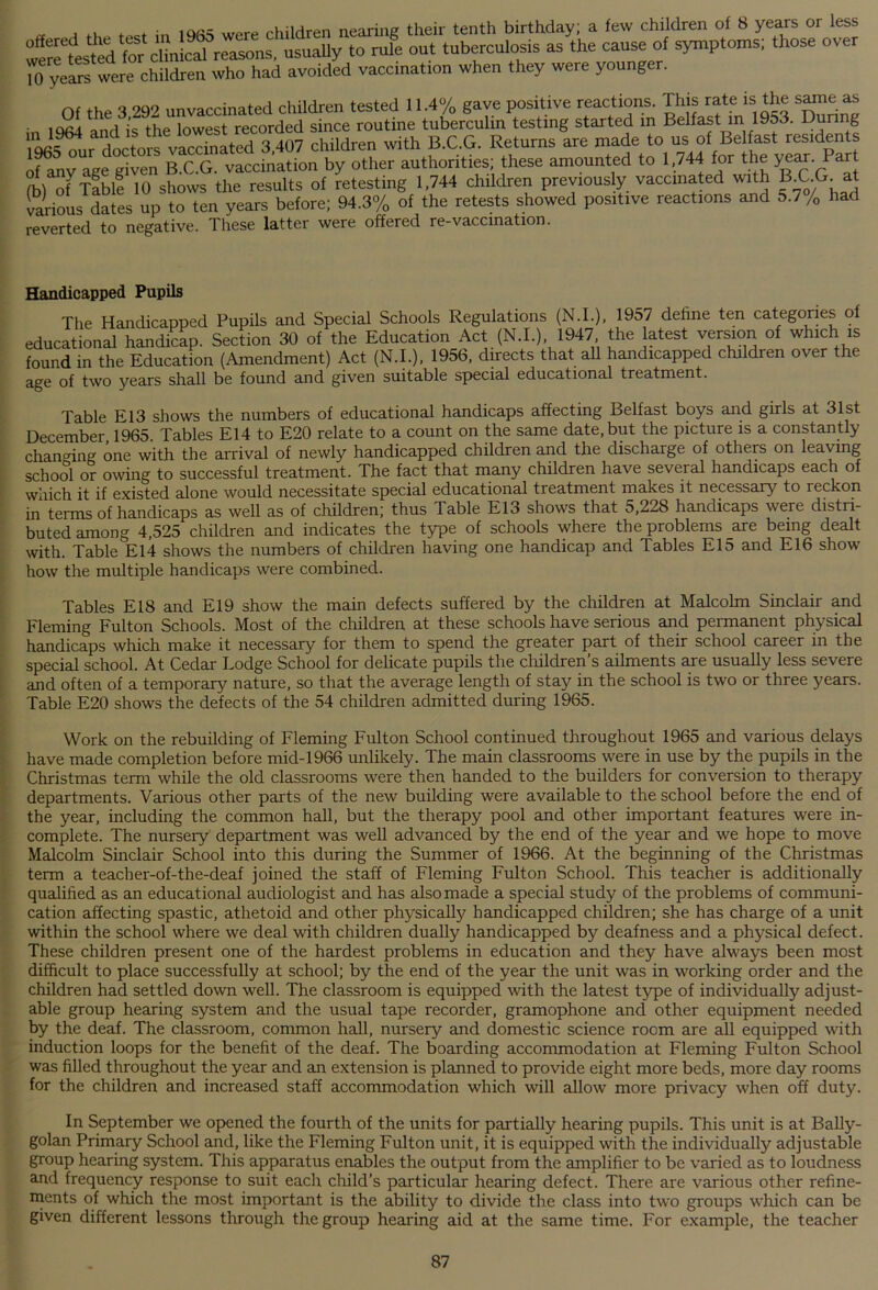 * ^ fi ^ in 1985 were children nearing their tenth birthday; a few children of 8 years or less SSrS usually to rule out tuberculosis as the cause of symptoms; those over W yeS were children who had avoided vaccination when they were younger. q 9Q9 nnvarcinated children tested 11.4% gave positive reactions. This rate is the same as in 1964 and is the lowest recorded since routine tuberculin testing started in Belfast m l953. During 1965 our doctors vaccinated 3,407 children with B.C.G. Returns are made to us of Belfast residen of any age given B.C.G. vaccination by other authorities; these amounted to 1,744 for the year Part ?b^f Tablf 10 shows the results of retesting 1,744 children previously vaccinated with B.C.G. at iarious dates up to ten years before; 94.3% of the retests showed positive reactions and 5.7 /0 had reverted to negative. These latter were offered re-vaccination. Handicapped Pupils The Handicapped Pupils and Special Schools Regulations (N.I.), 1957 define ten categories of educational handicap. Section 30 of the Education Act (NX), 1947 the latest version of which is found in the Education (Amendment) Act (N.I.), 1956. directs that all handicapped children over the age of two years shall be found and given suitable special educational treatment. Table E13 shows the numbers of educational handicaps affecting Belfast boys and girls at 31st December 1965 Tables E14 to E20 relate to a count on the same date, but the picture is a constantly changing one with the arrival of newly handicapped children and the discharge of others on leaving school or owing to successful treatment. The fact that many children have several handicaps each of which it if existed alone would necessitate special educational treatment makes it necessary to reckon in terms of handicaps as well as of children; thus Table E13 shows that 5,228 handicaps were distri- buted among 4,525 children and indicates the type of schools where the problems _are being dealt with. Table E14 shows the numbers of children having one handicap and Tables E15 and E16 show how the multiple handicaps were combined. Tables E18 and E19 show the main defects suffered by the children at Malcolm Sinclair and Fleming Fulton Schools. Most of the children at these schools have serious and permanent physical handicaps which make it necessary for them to spend the greater part of their school career in the special school. At Cedar Lodge School for delicate pupils the children’s ailments are usually less severe and often of a temporary nature, so that the average length of stay in the school is two or three years. Table E20 shows the defects of the 54 children admitted during 1965. Work on the rebuilding of Fleming Fulton School continued throughout 1965 and various delays have made completion before mid-1966 unlikely. The main classrooms were in use by the pupils in the Christmas term while the old classrooms were then handed to the builders for conversion to therapy departments. Various other parts of the new building were available to the school before the end of the year, including the common hall, but the therapy pool and other important features were in- complete. The nursery department was well advanced by the end of the year and we hope to move Malcolm Sinclair School into this during the Summer of 1966. At the beginning of the Christmas term a teacber-of-the-deaf joined the staff of Fleming Fulton School. This teacher is additionally qualified as an educational audiologist and has also made a special study of the problems of communi- cation affecting spastic, athetoid and other physically handicapped children; she has charge of a unit within the school where we deal with children dually handicapped by deafness and a physical defect. These children present one of the hardest problems in education and they have always been most difficult to place successfully at school; by the end of the year the unit was in working order and the children had settled down well. The classroom is equipped with the latest type of individually adjust- able group hearing system and the usual tape recorder, gramophone and other equipment needed by the deaf. The classroom, common hall, nursery and domestic science room are all equipped with induction loops for the benefit of the deaf. The boarding accommodation at Fleming Fulton School was filled throughout the year and an extension is planned to provide eight more beds, more day rooms for the children and increased staff accommodation which will allow more privacy when off duty. In September we opened the fourth of the units for partially hearing pupils. This unit is at Bally- golan Primary School and, like the Fleming Fulton unit, it is equipped with the individually adjustable group hearing system. This apparatus enables the output from the amplifier to be varied as to loudness and frequency response to suit each child’s particular hearing defect. There are various other refine- ments of which the most important is the ability to divide the class into two groups which can be given different lessons through the group hearing aid at the same time. For example, the teacher