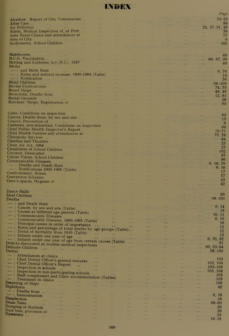 li\E>EX Page Abattoir: Report of City Veterinarian. . . .. 73-75 After Care .. .. .. • • • . . . .. . . .. 84 Air Pollution .. . . • • 20, 27-31, 45 Aliens, Medical Inspection of, at Port . . . . . . . . . . . . . 38 Ante Natal Clinics and attendances at . . .. 77 Area of City .. .. • • • • . . . . . . . . .. . . 6 Audiometry, School Children . . . . . . . . 102 Bakehouses . . . . . . .. . . . „ . . 48 B.C.G. Vaccination .. . . . . . . . . . . . . . . , . .. 86, 87, 96 Betting and Lotteries Act (N.I.), 1957 . . _49 Births — : and Birth Rate . . .. . . . . . . . . . . . . 6, 76 — : Rates and natural increase, 1890-1964 (Table) . . ’ 14 — : Notification .. . . . . . . 7g Blind Children 98—100 Bovine Cysticercosis 74 75 Bread Shops . . . . 4g’ 49 Bronchitis, Deaths from 12* 81 Burial Grounds . . . . . . . . . . . . '23 Butchers' Shops, Registration of gg Cafes; Conditions on inspection Cancer; Deaths from; by sex and site Cancer; Prevention of Canteens, non-industrial; Conditions on inspection Chief Public Health Inspector’s Report . . Child Health Centres and attendances at Chiropody Services . . Cinemas and Theatres Clean Air Act, 1964 Cleanliness of School Children Coconut, Dessicated Colour Vision, School Children Communicable Diseases — : Deaths and Death Rate — ; Notifications 1900-1965 (Table) . . Confectionery, frozen Conversion Schemes Crew’s spaces. Hygiene of 64 15 8 64 19-71 77, 78 84 25 27 102 57 96 6, 18, 79 6, 16 17 57 23 42 Dance Halls Deaf Children Deaths and Death Rate Cancer, by sex and site (Table) . . Causes at different age periods (Table) Communicable Diseases Communicable Diseases, 1890-1965 (Table) i Principal causes in order of importance Rates and percentage of total deaths by age groups (Table] Trend of mortality from 1910 (Table) Infants under one year of age n- Infants unc\er one year of age from certain causes (Table) Defects discovered at routine medical inspections Delicate Children .. . . Dental Attendances at clinics .. Chief Dental Officer’s general remarks Chief Dental Officer’s Report Inspection in schools Inspection in non-participating schools Staff complement and Clinic accommodation (Tables) - I reatment in clinics Deratting of Ships . . Diphtheria — : Deaths from .. : Immunisation Disinfection Drain Tests Dumping of Rubbish Dust bins, provision of Dysentery .. 26 98-100 6, 14 15 10, 11 6, 16 16 12 12 13 6, 76, 82 81 86, 93-94 98-100 103 103, 104 103-106 103, 104 105 105 106 42 6, 16 18 68-69 26 26 25 16-18